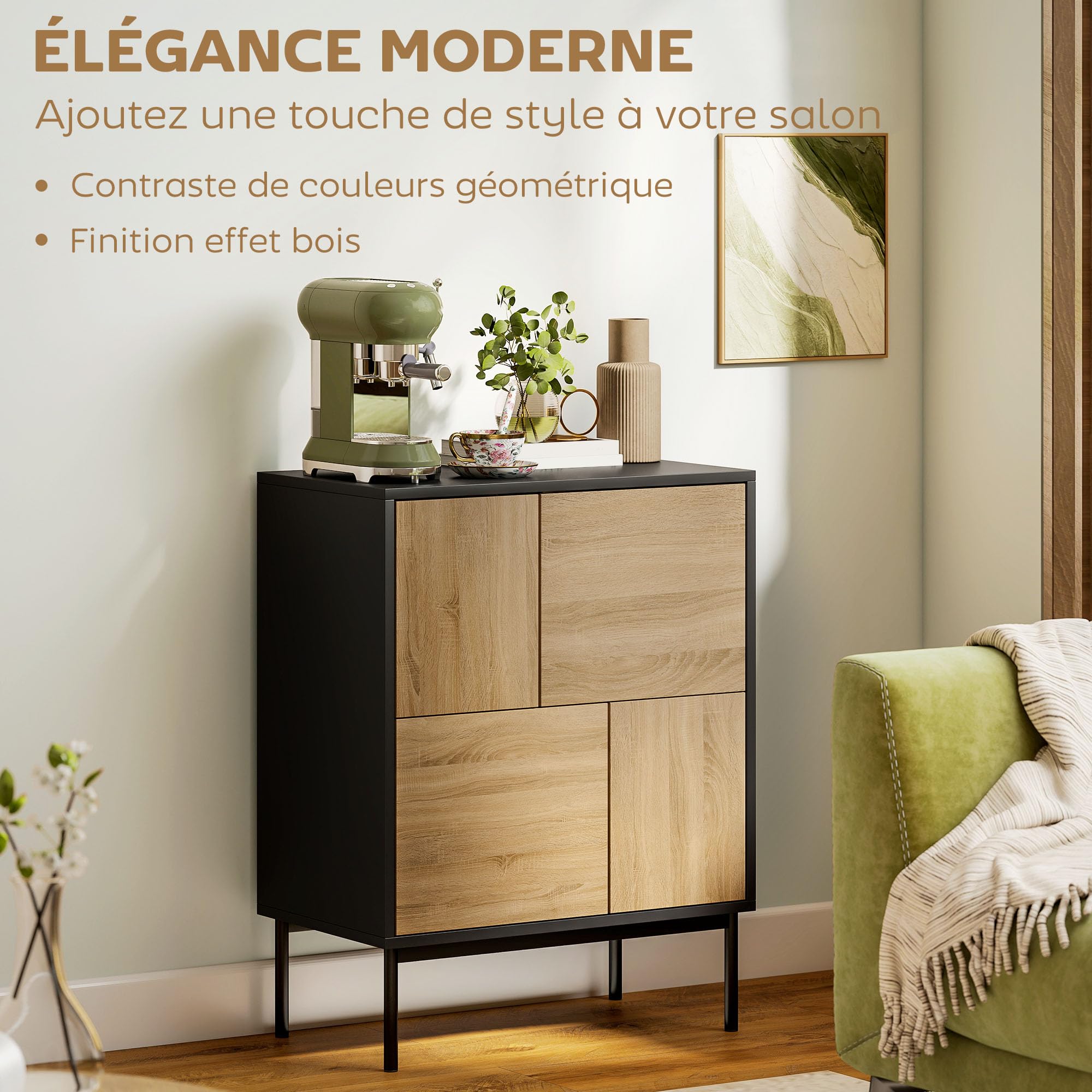 HOMCOM Buffet Salon Meuble Bas 60 x 35 x 78 cm Noir et Effet Bois Naturel | Meuble de Rangement, Armoire de Cuisine, Portes à Pousser, 4 Placards, Style Moderne, Buffet Salle à Manger et Salon
