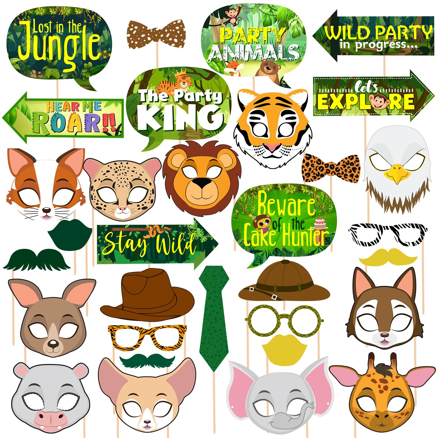 32 PCS Jungle Photo Booth Props Wild Animals Forest Themed Party Props Kit for Jungle Kids Baby Shower Birthday Party Decorations Supplies