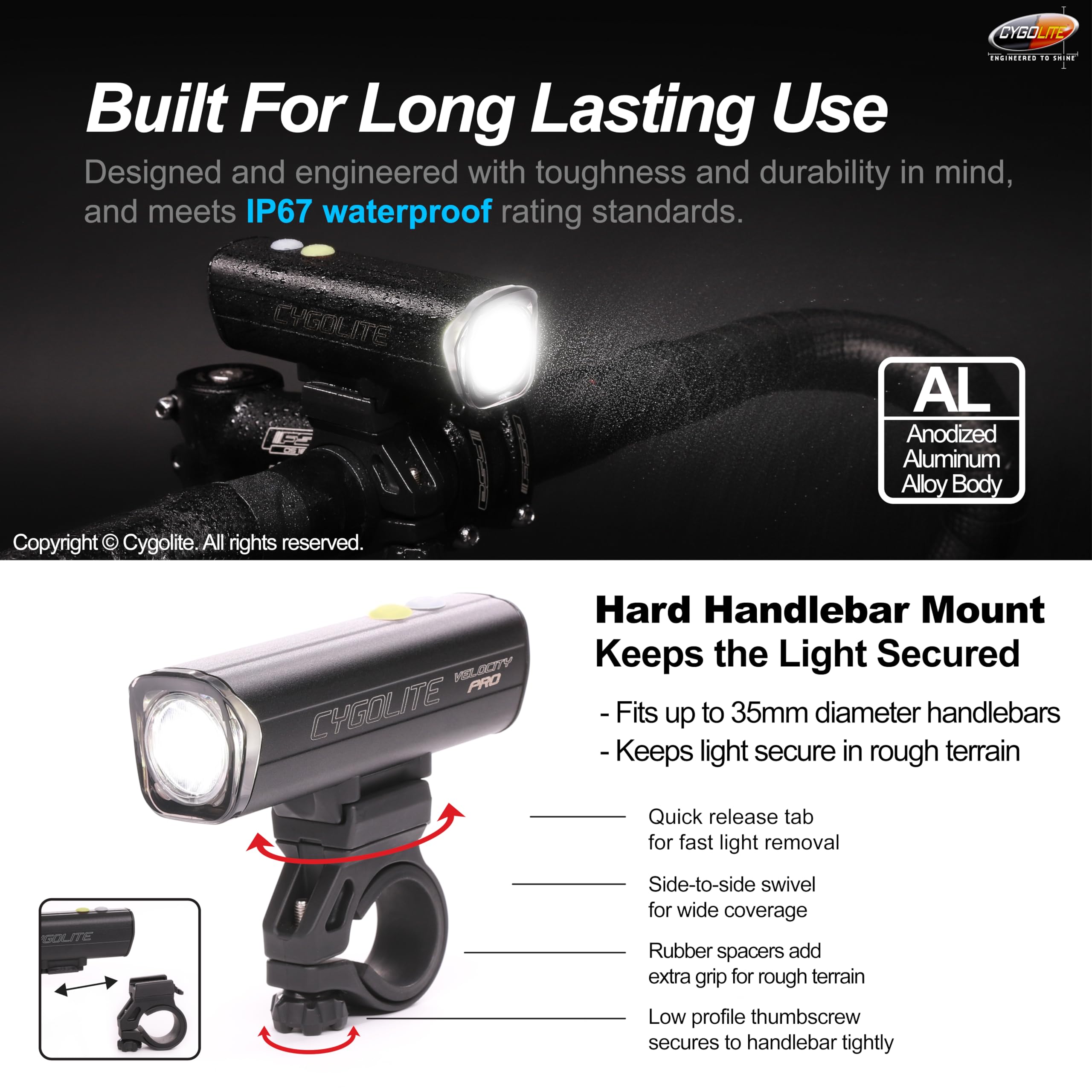 Cygolite Velocity Pro Lampe de vélo 1 600 lumens – Alliage d'aluminium anodisé – 9 modes d'éclairage – Luminosité réglable fine – Compact, étanche IP67 – Support rigide sécurisé – Recharge USB-C –