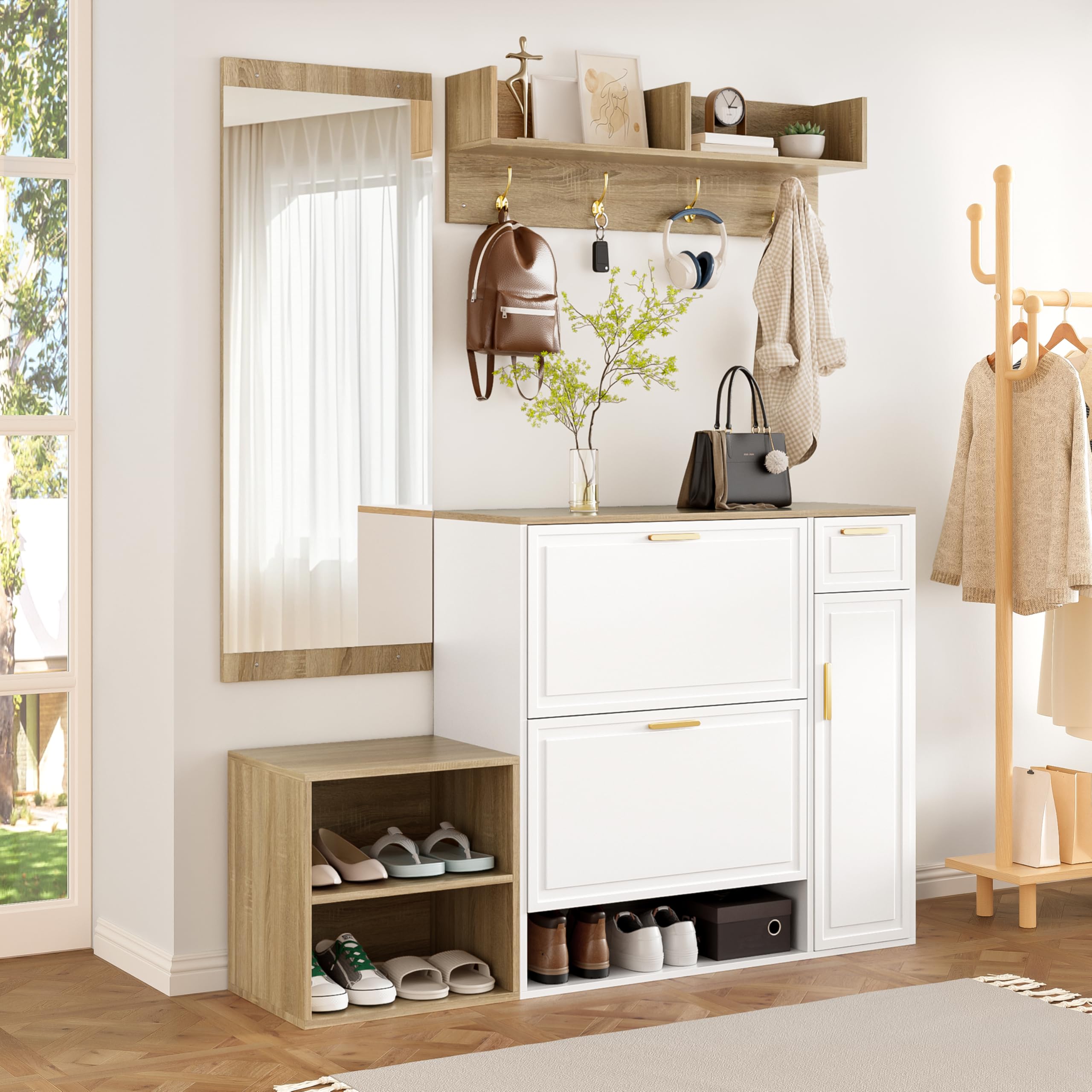 Garderobenset Wandgarderobe, Flurgarderobe Set mit Schuhschrank und Spiegel, Garderoben Set mit Kippfach Schuhkippern & Wandgarderobe, Kompaktgarderobe, Flurschrank für Flur, Weiß 139.5x35x166cm