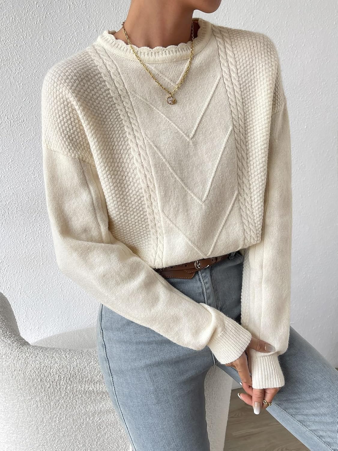 Women's Sweater Cable Knit Drop Shoulder Sweater Sweater for Women (Color : Beige, Size : Medium)