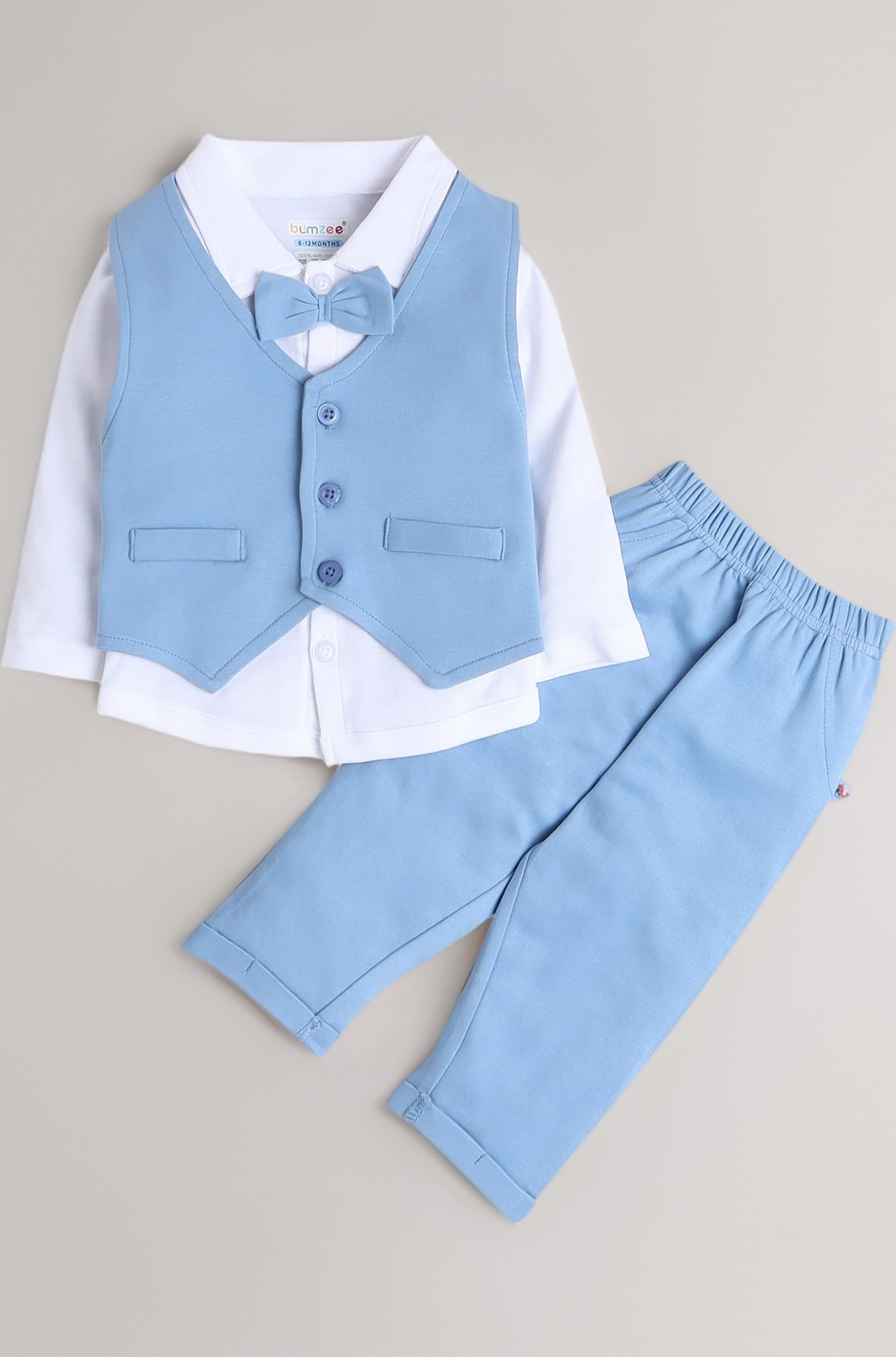 Powder Blue & White Boys Full Sleeves Shirt Waistcoat & Pant Set With Applique Bow (Peb9069)