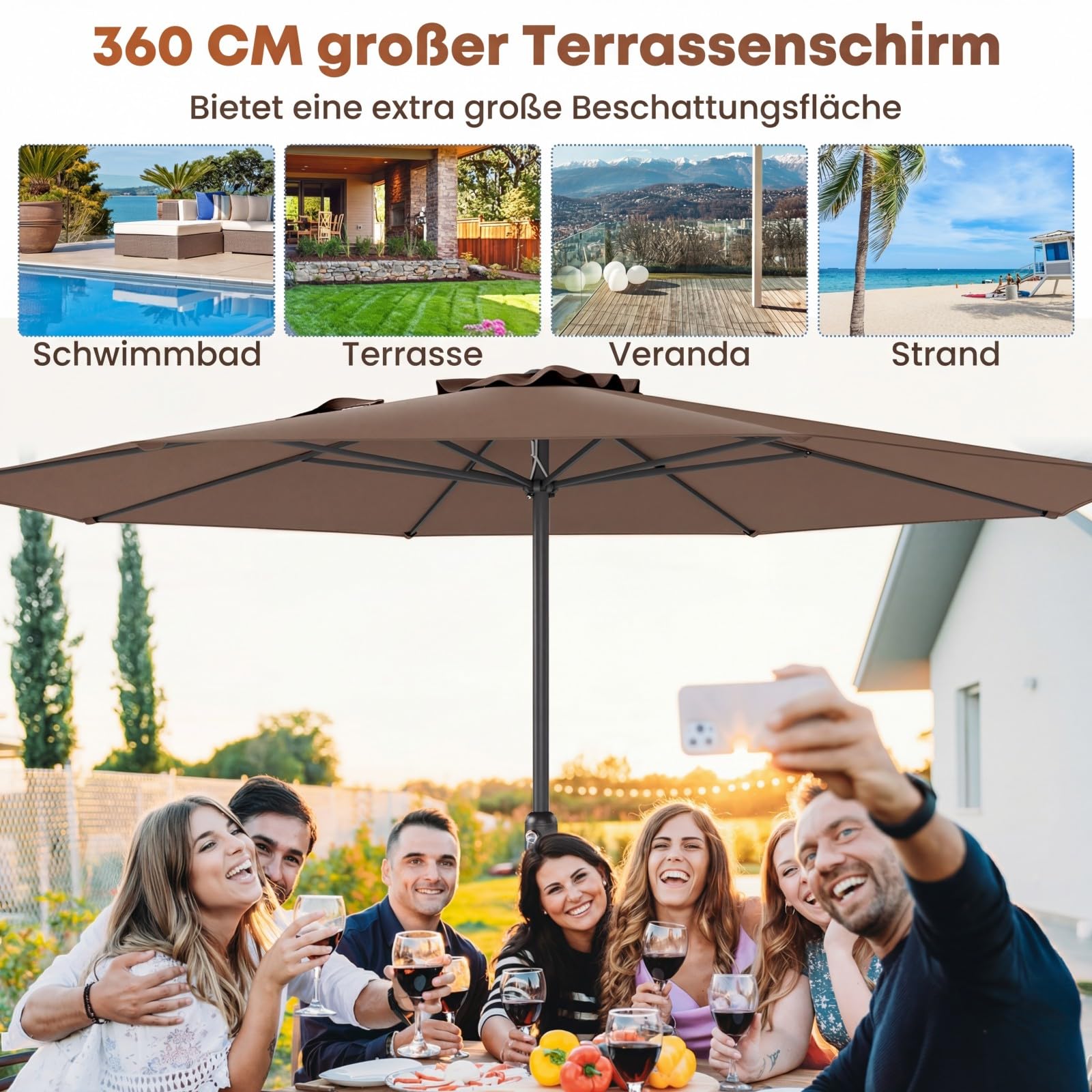 RELAX4LIFE Sonnenschirm 350 cm, großer Gartenschirm mit Kurbel, Terrassenschirm mit 8 Rippen, Balkonschirm UV Schutz, Marktschirm wasserabweisend, Kurbelschirm für Garten, Terrasse, Pool (Braun)