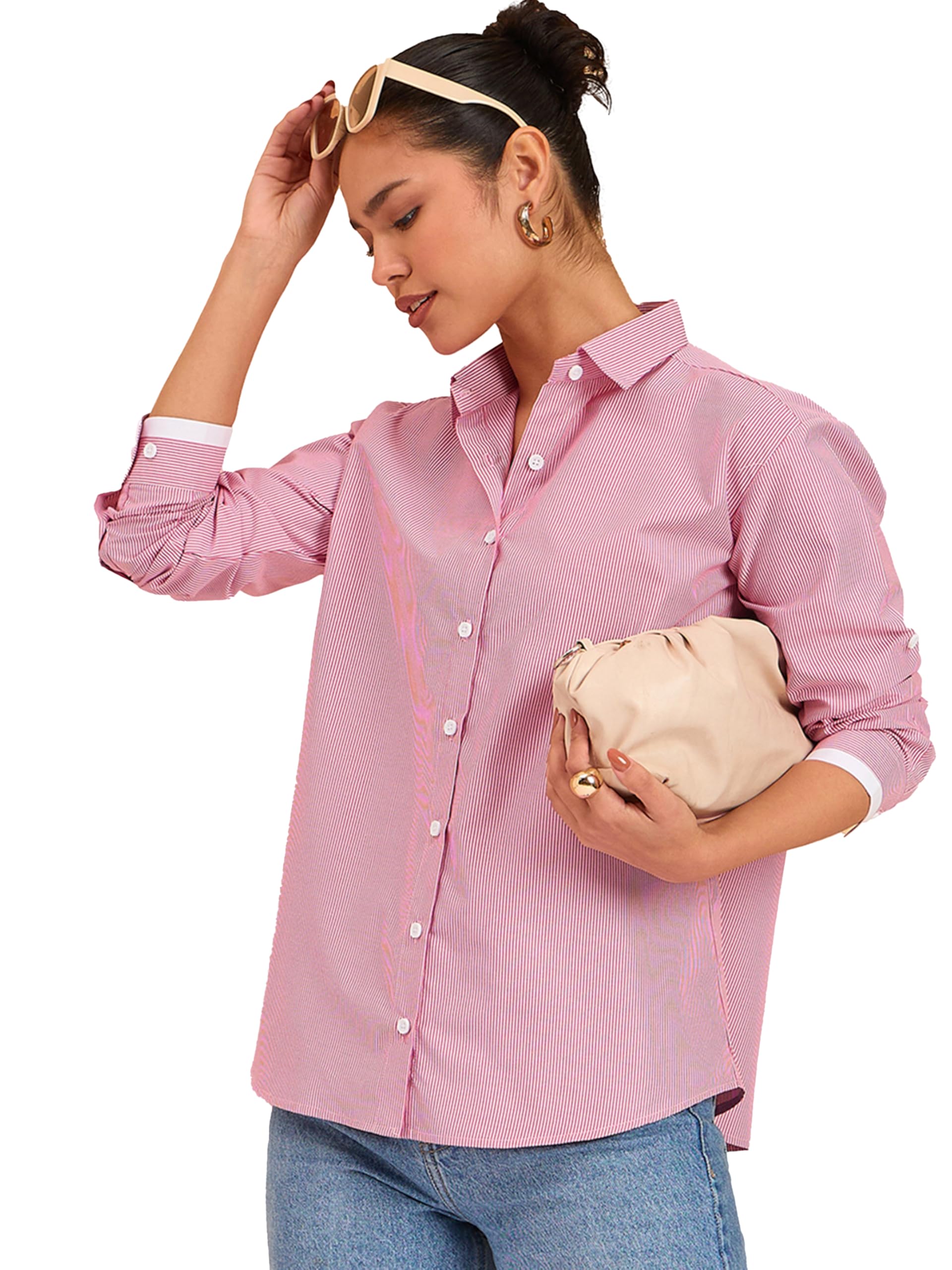 Fuchsia Striped Roll Up Sleeves Shirt-image-16