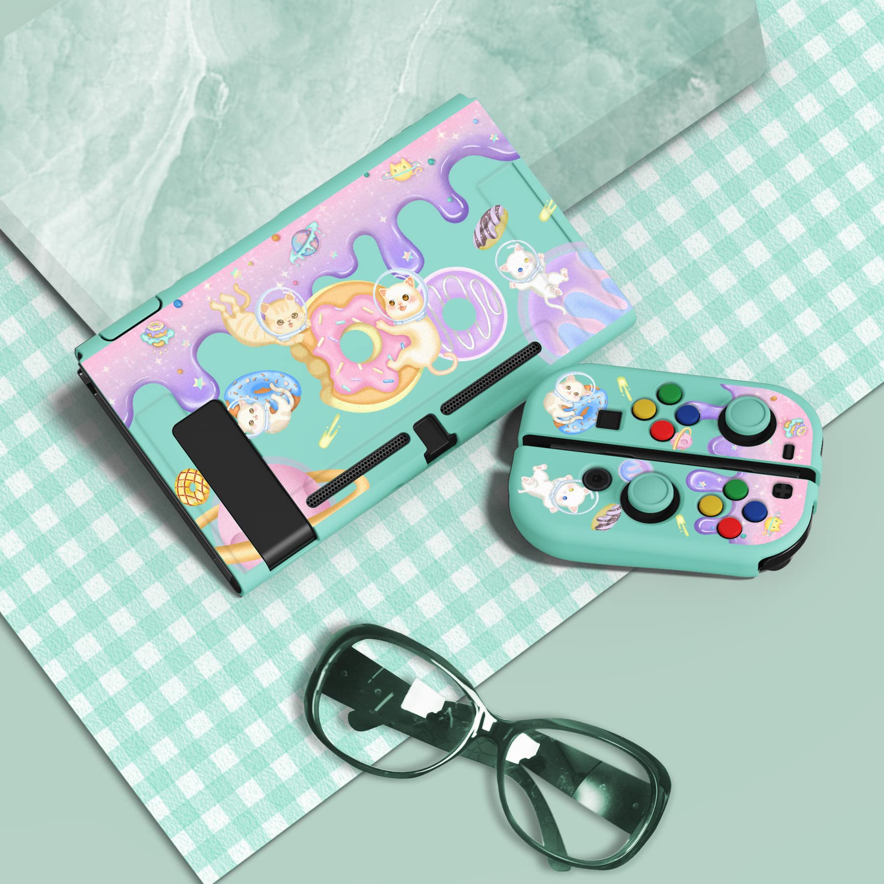 playvital ZealProtect Soft Protective Case for Nintendo Switch, Flexible Cover Protector for Switch with Tempered Glass Screen Protector & Thumb Grips & ABXY Direction Button Caps - Donut Odyssey - 4