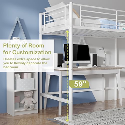 Miniatura 3 de VECELO Cama alta de metal tamaño individual, base de cama resistente con escalera extraíble y barandilla de seguridad, ahorro de espacio, sin ruido,