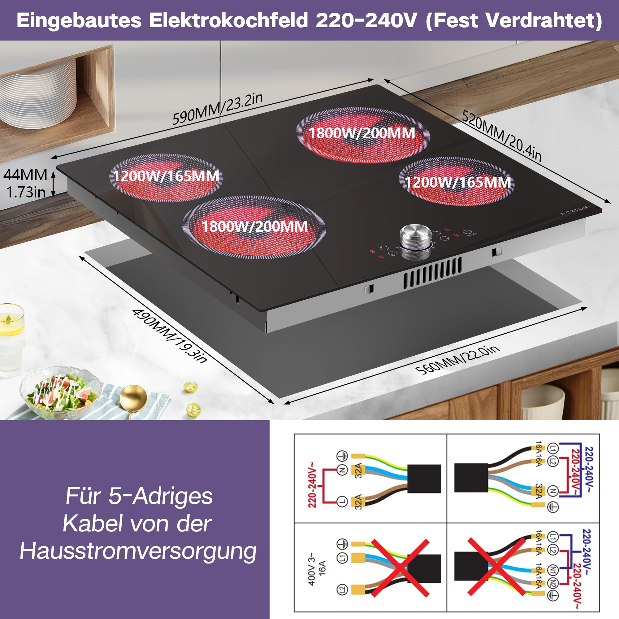 NOXTON Glaskeramikkochfeld 4 Platten mit Ein-Knopf-Steuerung, Keramik Kochfeld 60 cm Einbau, Herdplatte 4 Kochfelder mit Knopf, 220-240V, 6000W, Kein Stecker