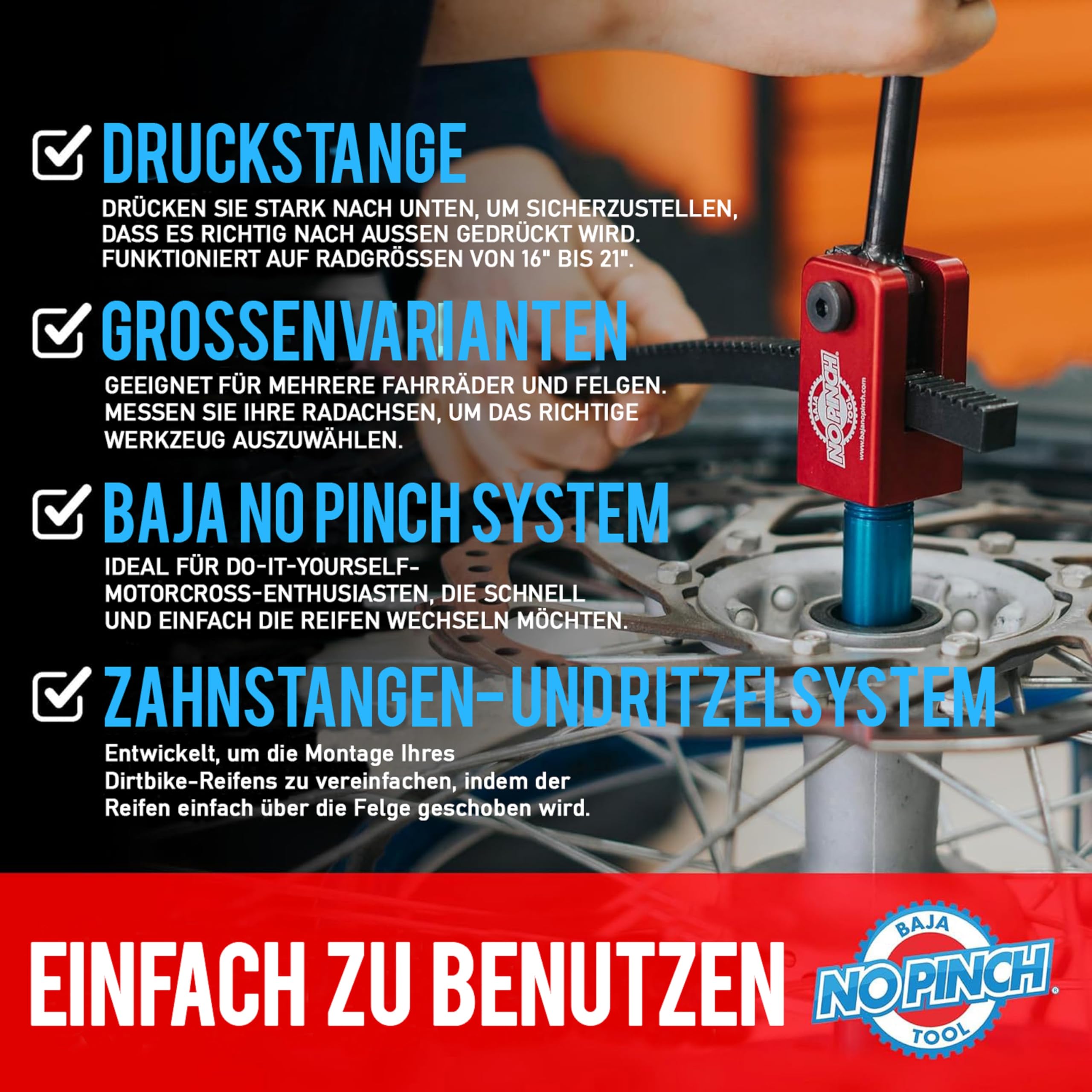 Baja No Pinch Dirtbike-Reifenwechselwerkzeug | Motorrad-Reifenwechsler | Reifenwechselwerkzeug für 16-21-Zoll-Crossbike-Räder | Passend für 20-mm-Achsen – Ideal für Enduro, Motocross und Offroad