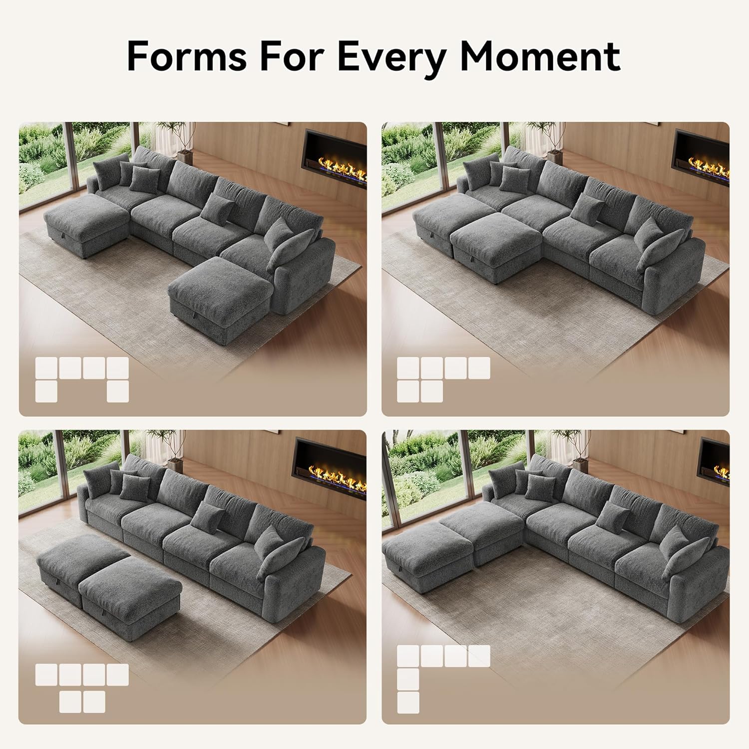 WorthFurni 140” Oversized Cloud Sectional Couches for Living Room, Modern Modular Sectional Sofa with Deep Seat, Convertible U Shape Couch with Storage Ottoman for Apartment, Chenille (Dark Gray)