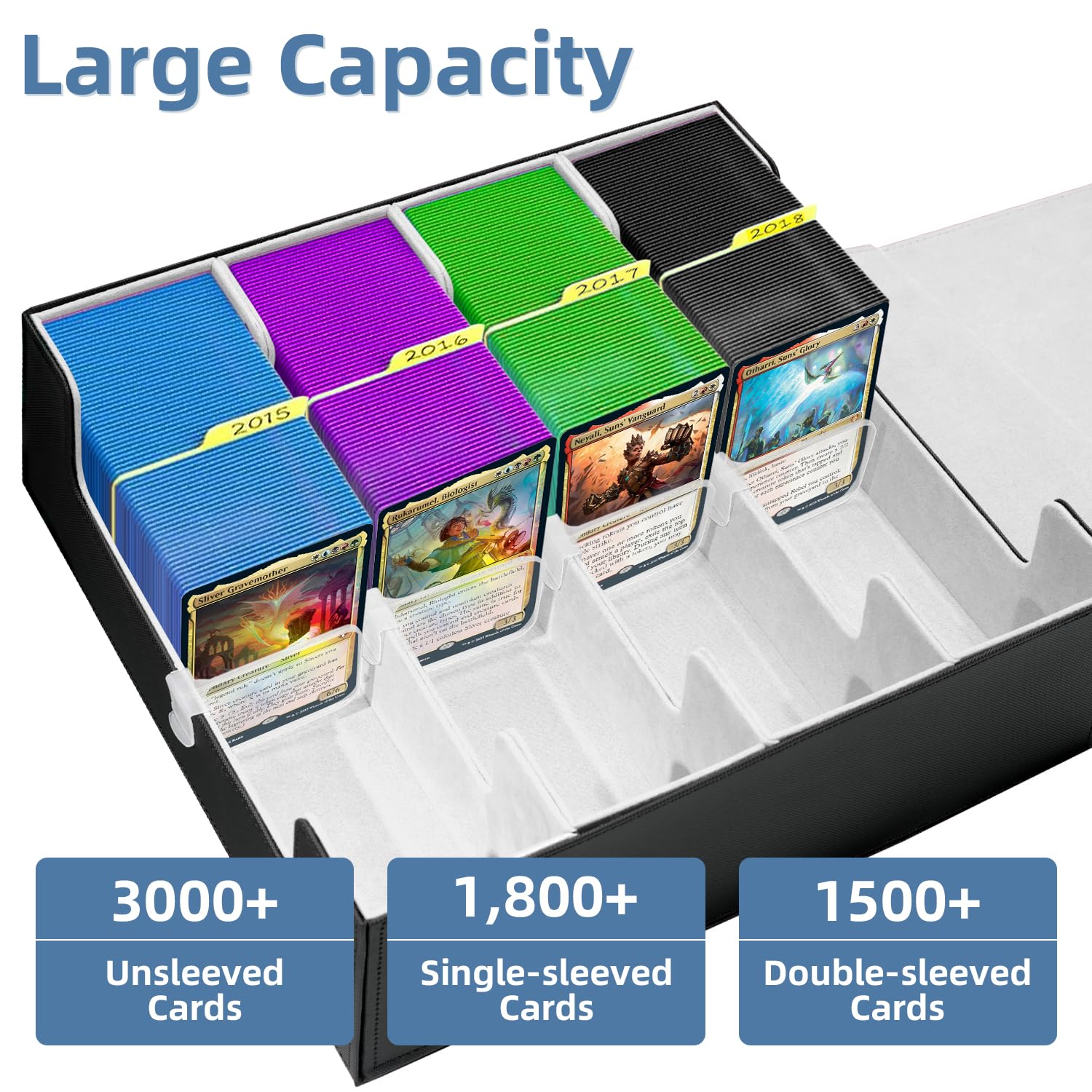 HESPLUS Card Deck Storage Box for Trading Cards 3000+MTG Deck Box with 24 Colorful Divider Tabs, Card Supporters PU Leather Trading Card Storage for Magic Game Cards TCG and Sport Cards (Black Gary)