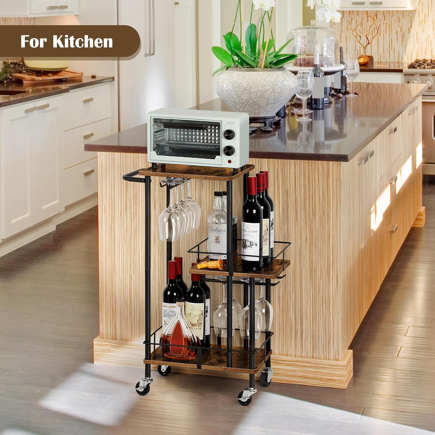 Vrisa Bar Cart for The Home Small Bar Serving Carts with Wheels 3 Tier Rolling Wine Cart with Glass Holder Mini Mobile Drink Beverage Liquor Cart for Kitchen, Dining Room, Living Room, Rustic Brown