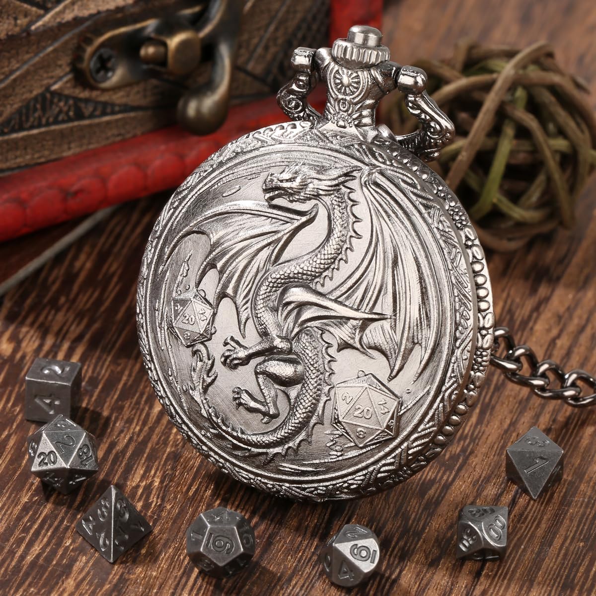 Mini DND Dice Set including Steampunk Winged Flying Dragon Pocket Watch Shell Case, 7pcs Polyhedral Metal Dice Set - Image 2