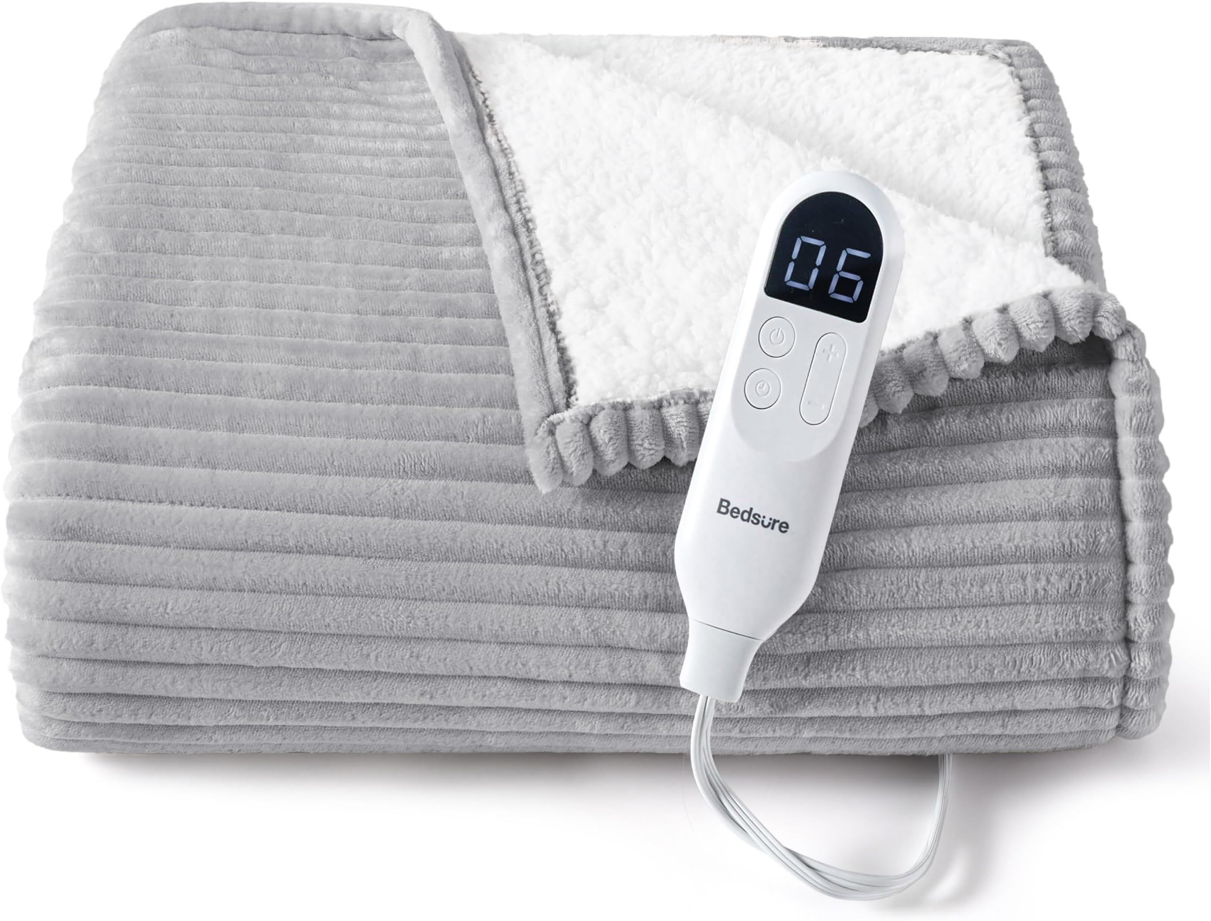 Bedsure GentleSoft Heated Blanket Electric Throw - Soft Ribbed Flannel Electric Blanket, Heating with 4 Time Settings, 6 Heat Settings, and 3 hrs Timer Auto Shut Off (50x60 inches, Light Grey)