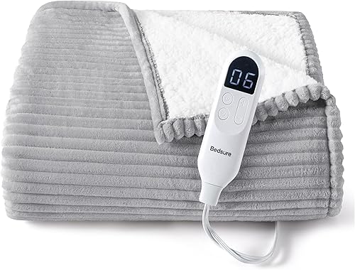 Bedsure GentleSoft - Manta térmica eléctrica, suave manta eléctrica de franela acanalada, calefacción con 4 ajustes de tiempo, 6 ajustes de calor y