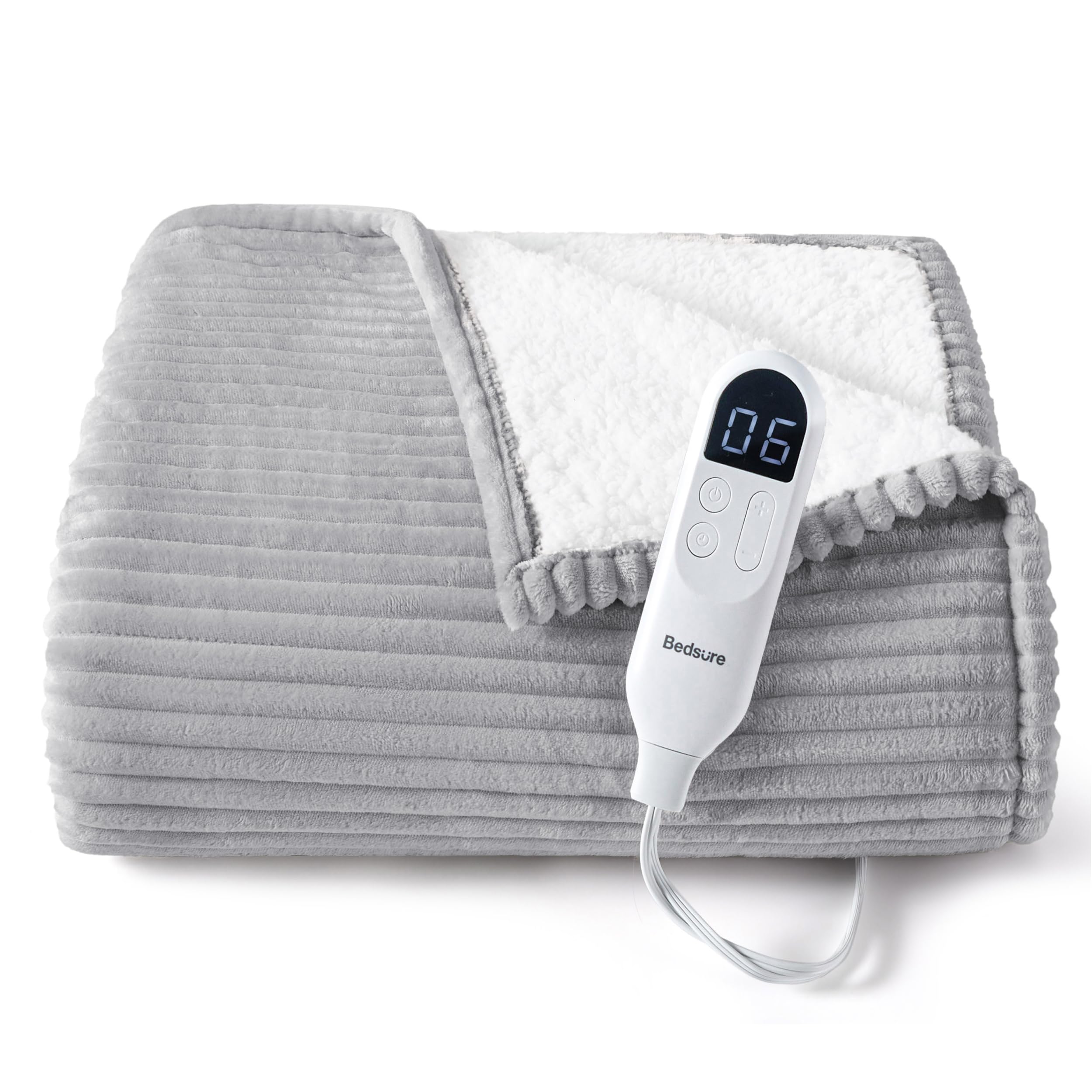 GentleSoft Heated Blanket Electric Throw - Soft Ribbed Flannel Electric Blanket, Heating with 4 Time Settings, 6 Heat Settings, and 3 hrs Timer Auto Shut Off (50x60 inches, Light Grey)