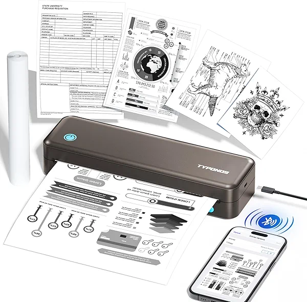 TYPONOS Portable Printers, D820 Wireless Bluetooth Printers Support 2" to 8.5" Width Thermal Paper & 8.5"x11" US Letter Size, Receipt Printers for Home Use Suitable for Phone & PC (Grey)
