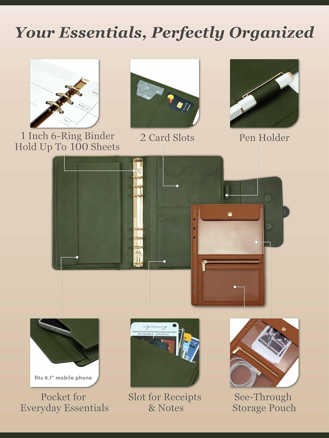 EGOSUNNY® Luxury A5 PU Leather Binder Gift Set – 5.8" x 8.3" Elegant 6-Ring Journal with Undated Planner Cover, 80 Sheets Refill Paper, 5 Dividers, Removable Pouch - for Work, School & Personal Use