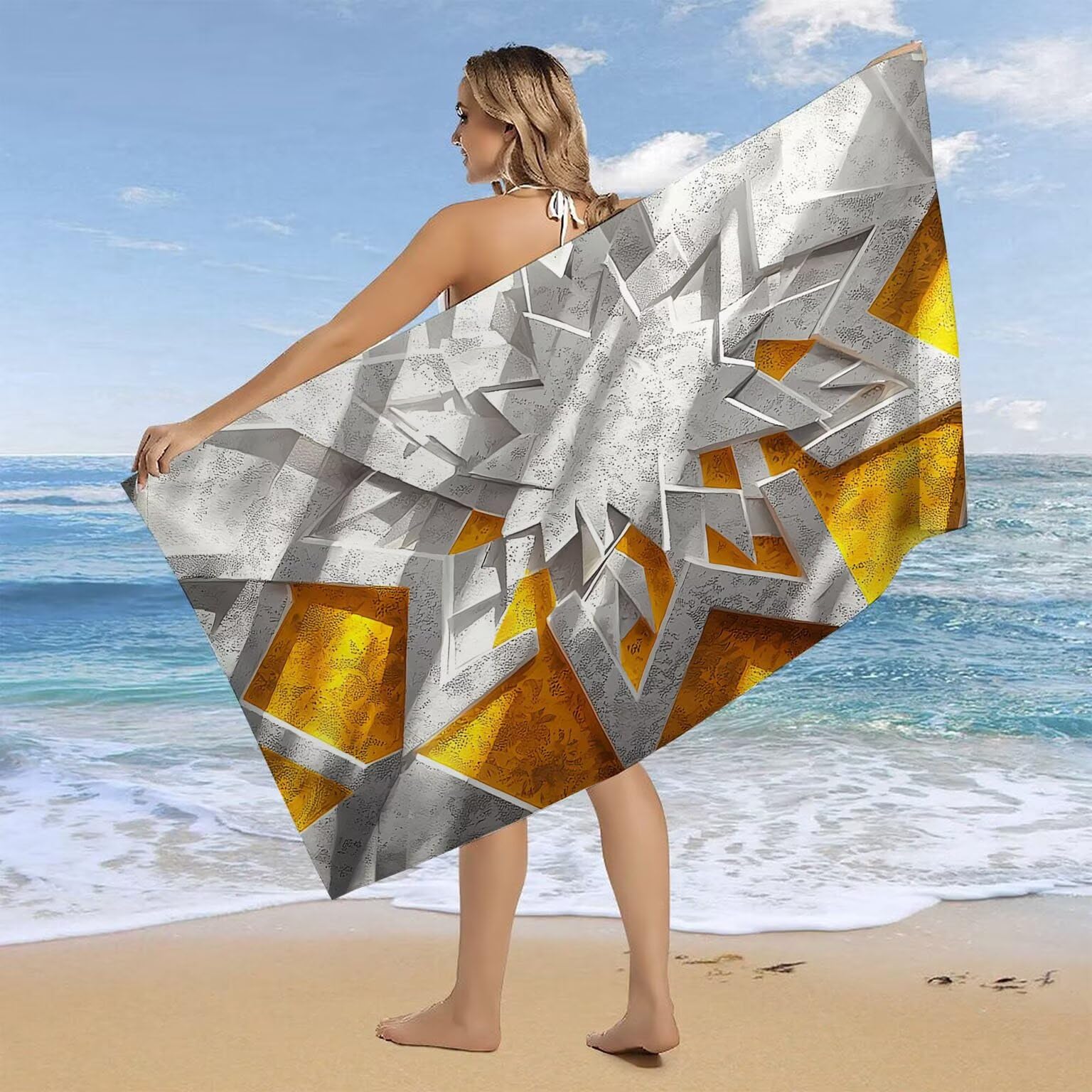 Strandtuch XXL 2er Set 80 x 160 cm, Groß Schnelltrocknendes Mikrofaser Handtuch, Sandfrei Badetuch, Summer Must Haves, für Damen Herren Reise Urlaub Sauna, mit Tasche (Nordeuropa Gelb Grau) B-88