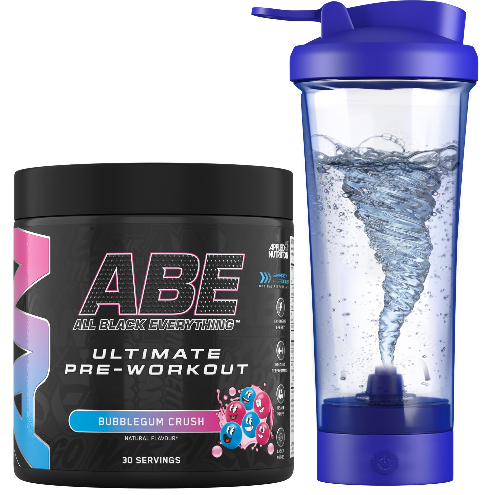 Applied Nutrition Bundle ABE Pre Workout 375g + Electric Shaker | All Black Everything Pre Workout Powder, Energy Drink, Physical Performance, Creatine, Beta Alanine, Caffeine (Bubblegum Crush)