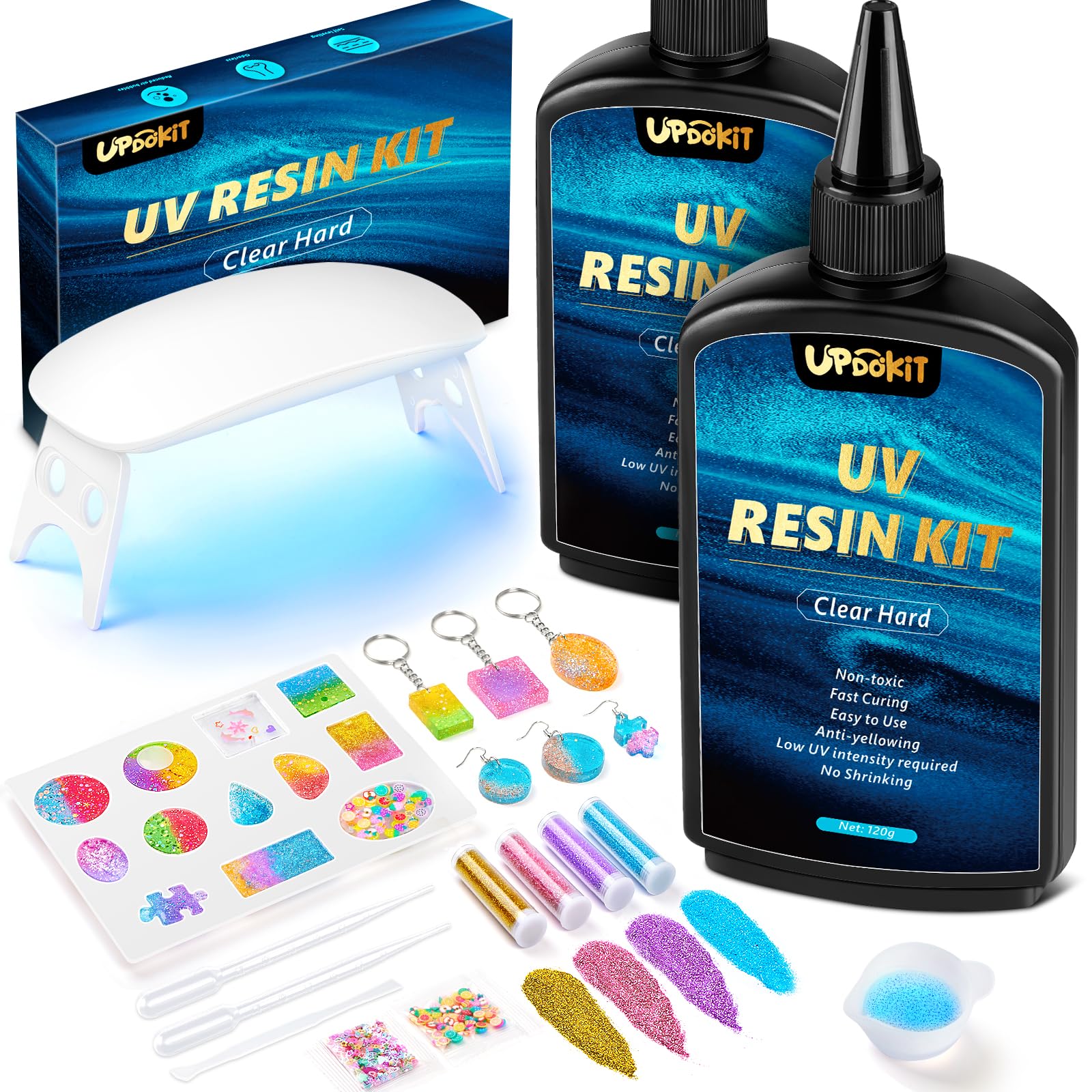 UPDOKIT UV Harz Set mit UV Lampe und Formen, Schmuckherstellungsset mit 250 g kristallklarem UV-Harz, Komplettset für Anfänger & Profis,Ideal für DIY Schmuck und Schlüsselanhänger