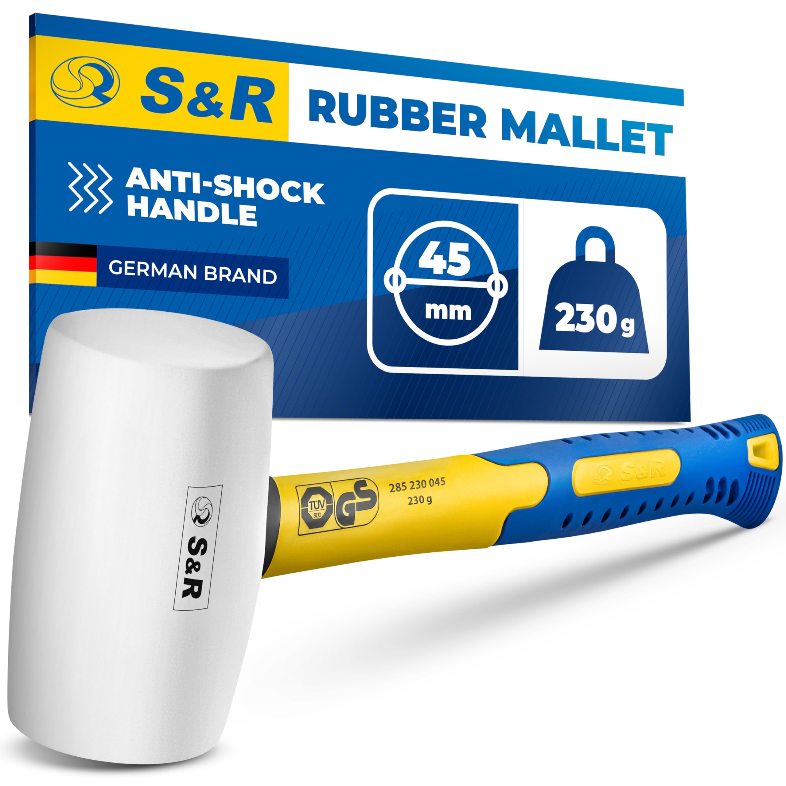 S&R White Rubber Mallet – 45Mm Head, 230G | Non-Marking Hammer With Fiberglass Handle For Precise & Gentle Work