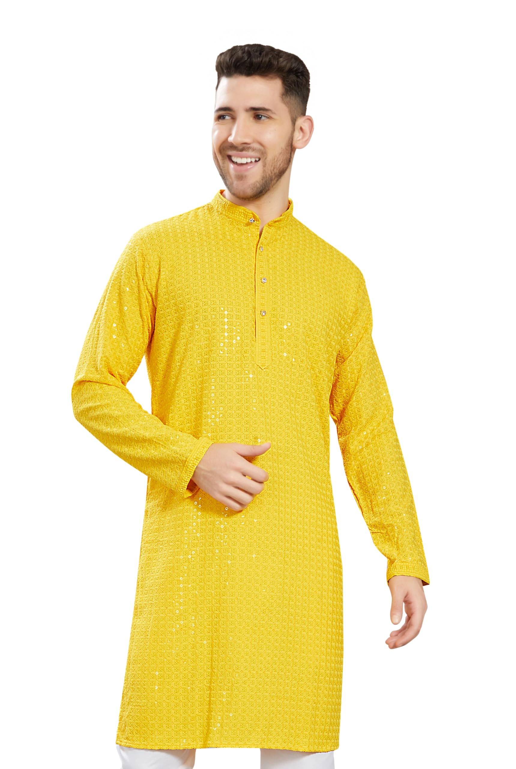 Divisive Men's Sequince Embroidered Cotton Blend Only Slim Fit Kurta (Dkrt741_Xl_Yellow)