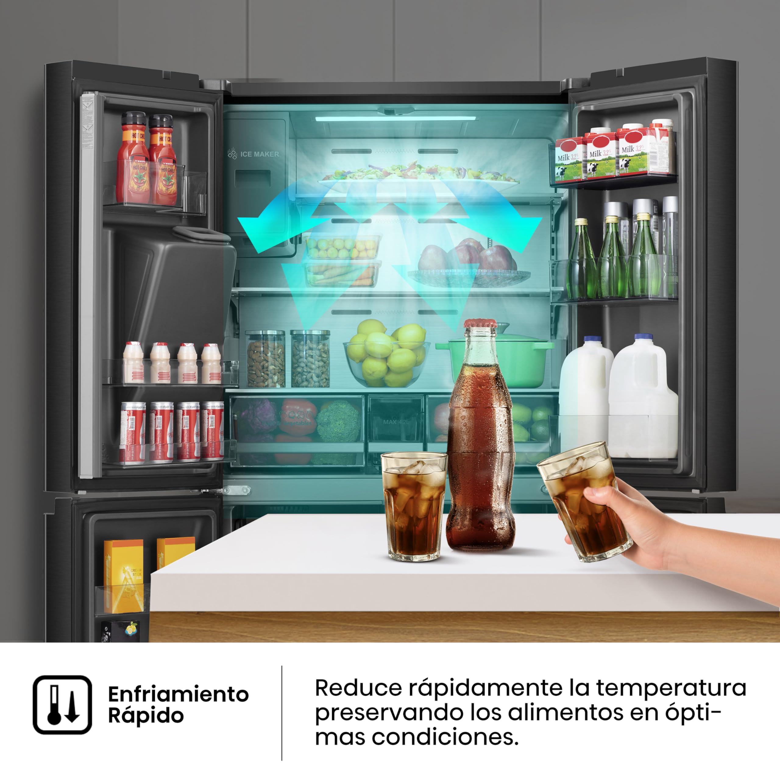 Hisense RQ760N4IFE Cross Door Puerta Americana con dispensador, Total NoFrost, Smart Connectivity con Pantalla & WiFi, MultiFlow,Metal Tech Cooling, E, Negro