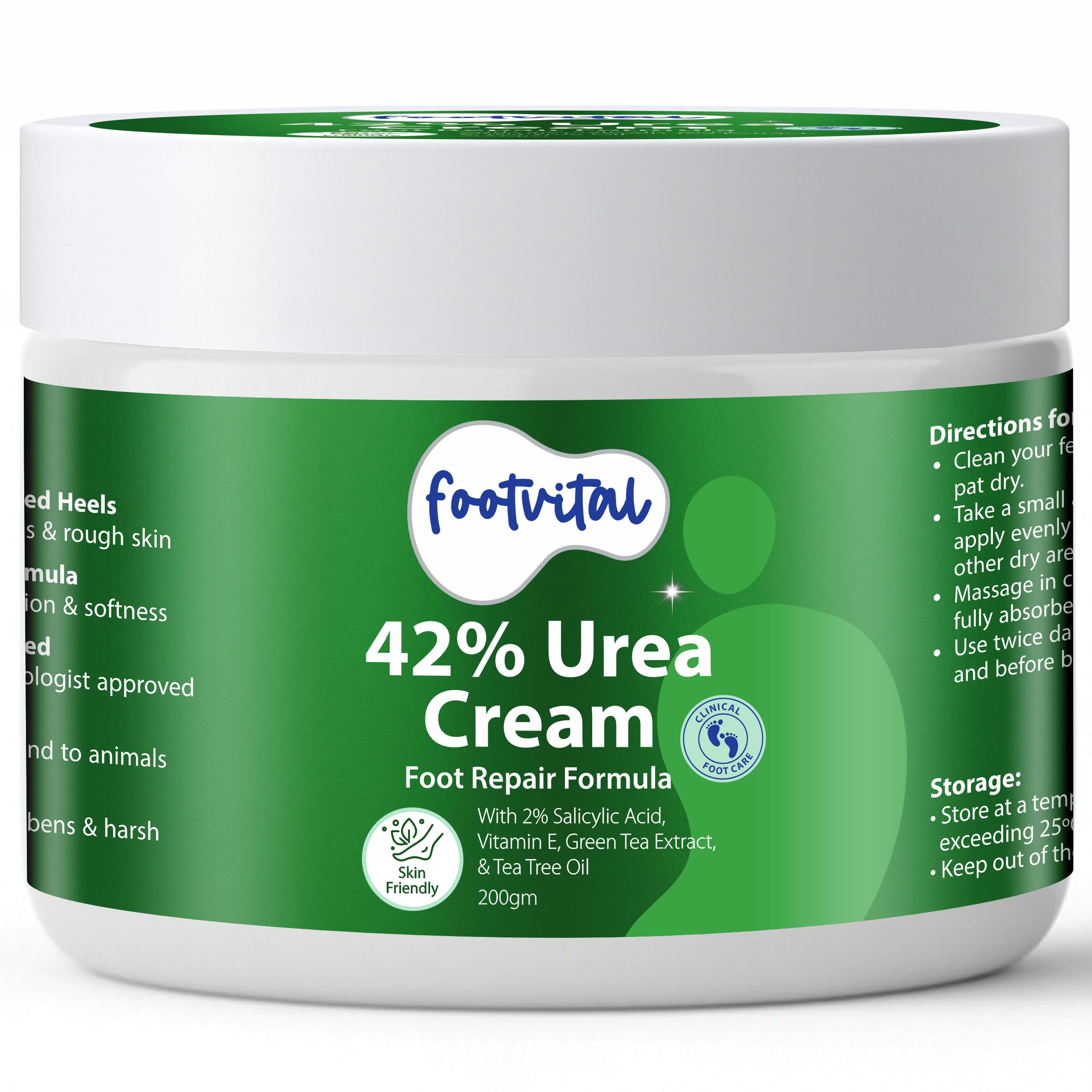 Footvital 42% Urea Cream - 200 g - Foot Care Formula with 2% Salicylic Acid, Vitamin E, Green Tea & Tea Tree Oil – Deep Moisturizing Cream for Dry, Cracked Heels & Rough Feet