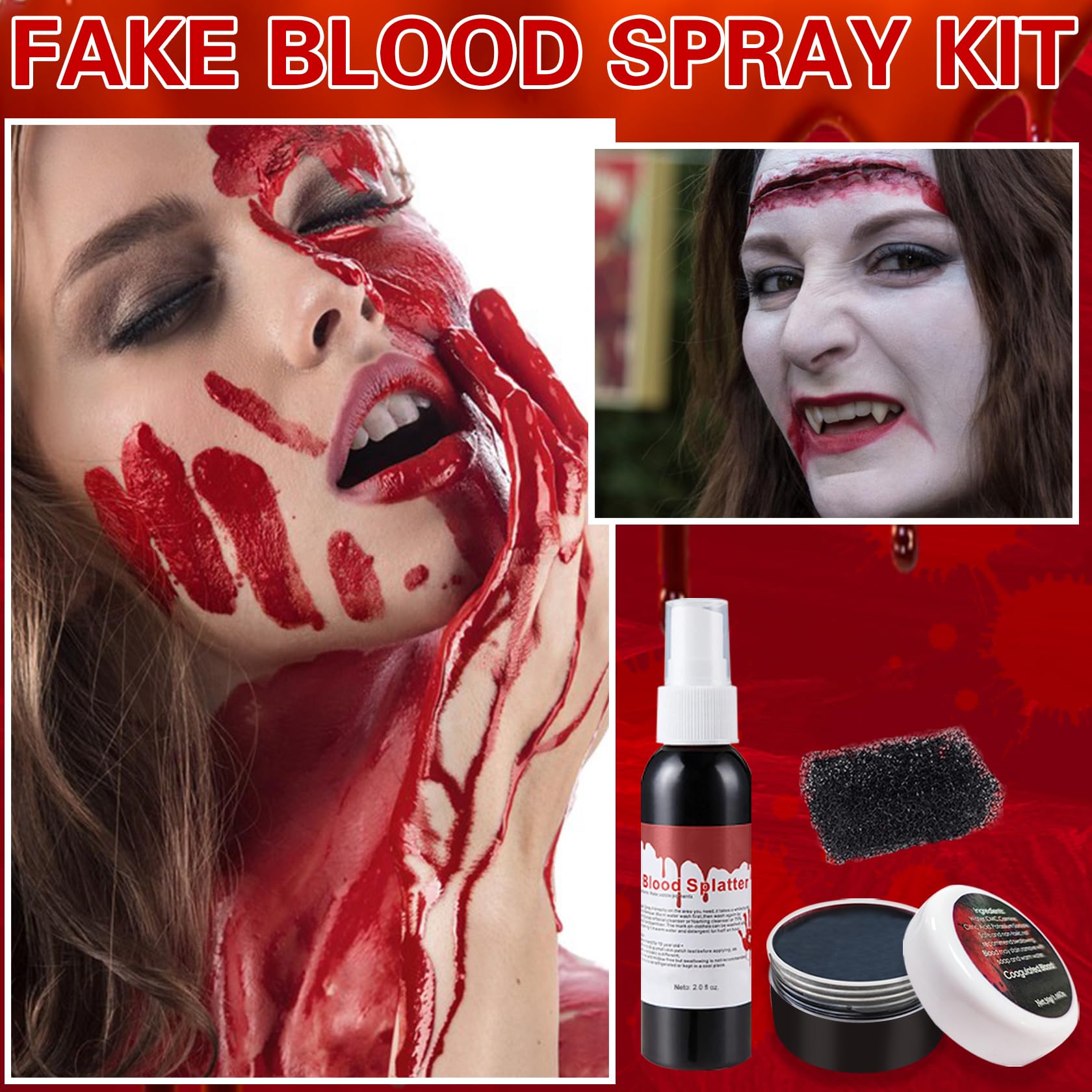 Kit De Sangre Falsa Para Halloween Con 2 Esponjas – Efecto Realista, Lavable Y No Tóxico Para Zombis, Vampiros Y Disfraces