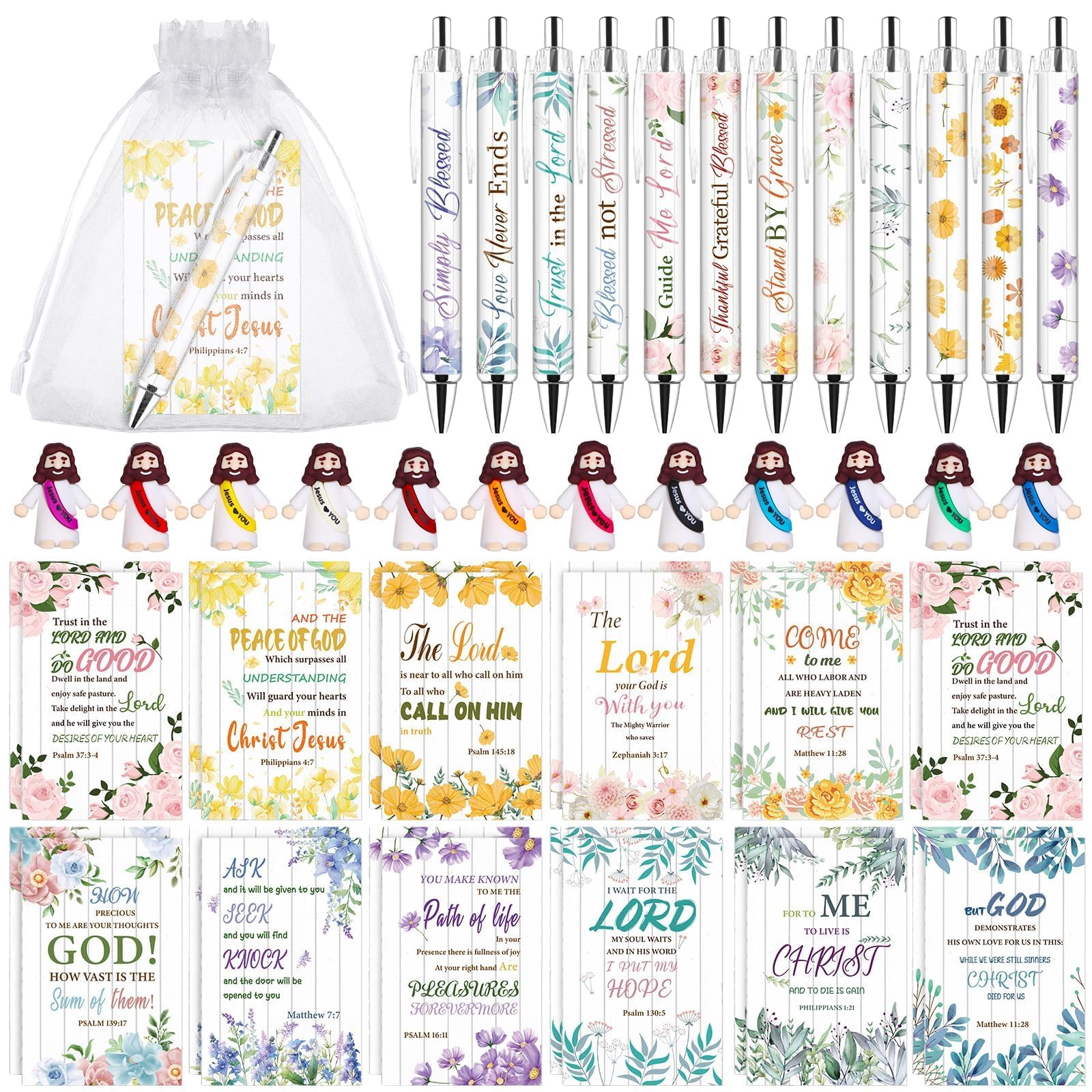 24 Sets Christian Bible Verse Notebooks Gifts Mini Jesus Figures Religious Ballpoint Pens Organza Bags Jesus Loves You Figurines Favors for Women Kids Sunday School Christmas Church Stuffers