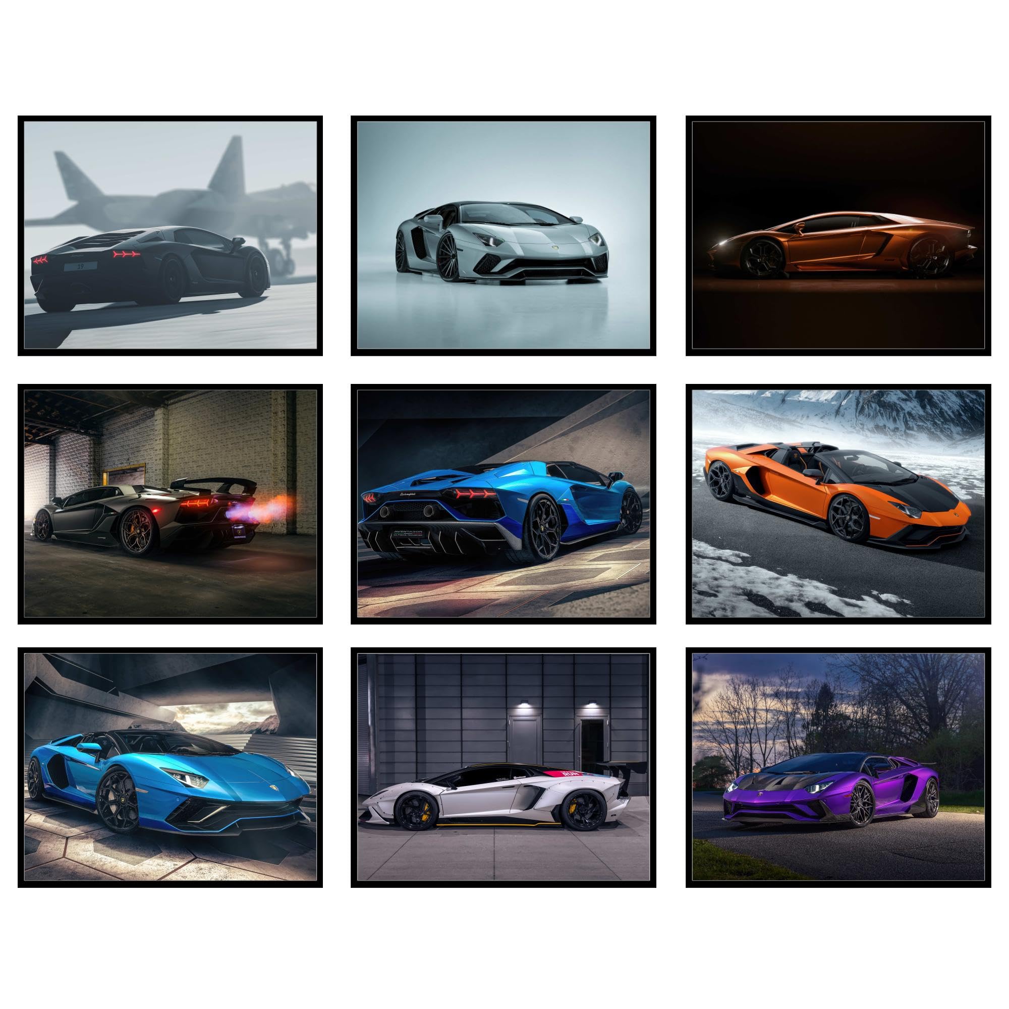 BigWig Prints Lamborghini Aventador Posters, Set of 9, 8x10 in | Ideal for Boys Bedroom or Garage, Great Gift for Car Enthusiasts, Captures Aventador in Motion, Unframed