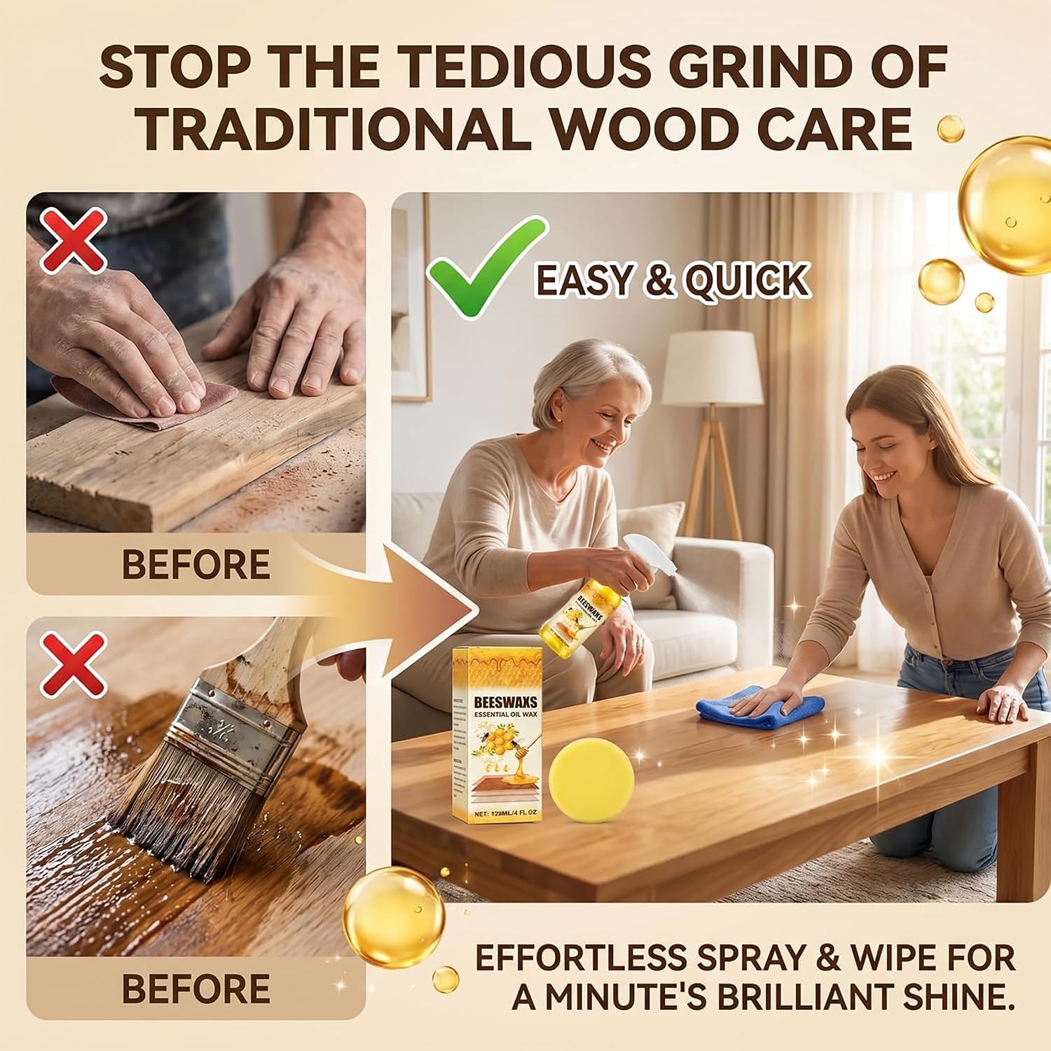 Natural Beeswax Wood Polish Spray with Sponge & Towel | Bees Wax Furniture Polish and Cleaner, Beeswax Essential Oil Wax for Hardwood Floor Polish, Cabinets, Tables