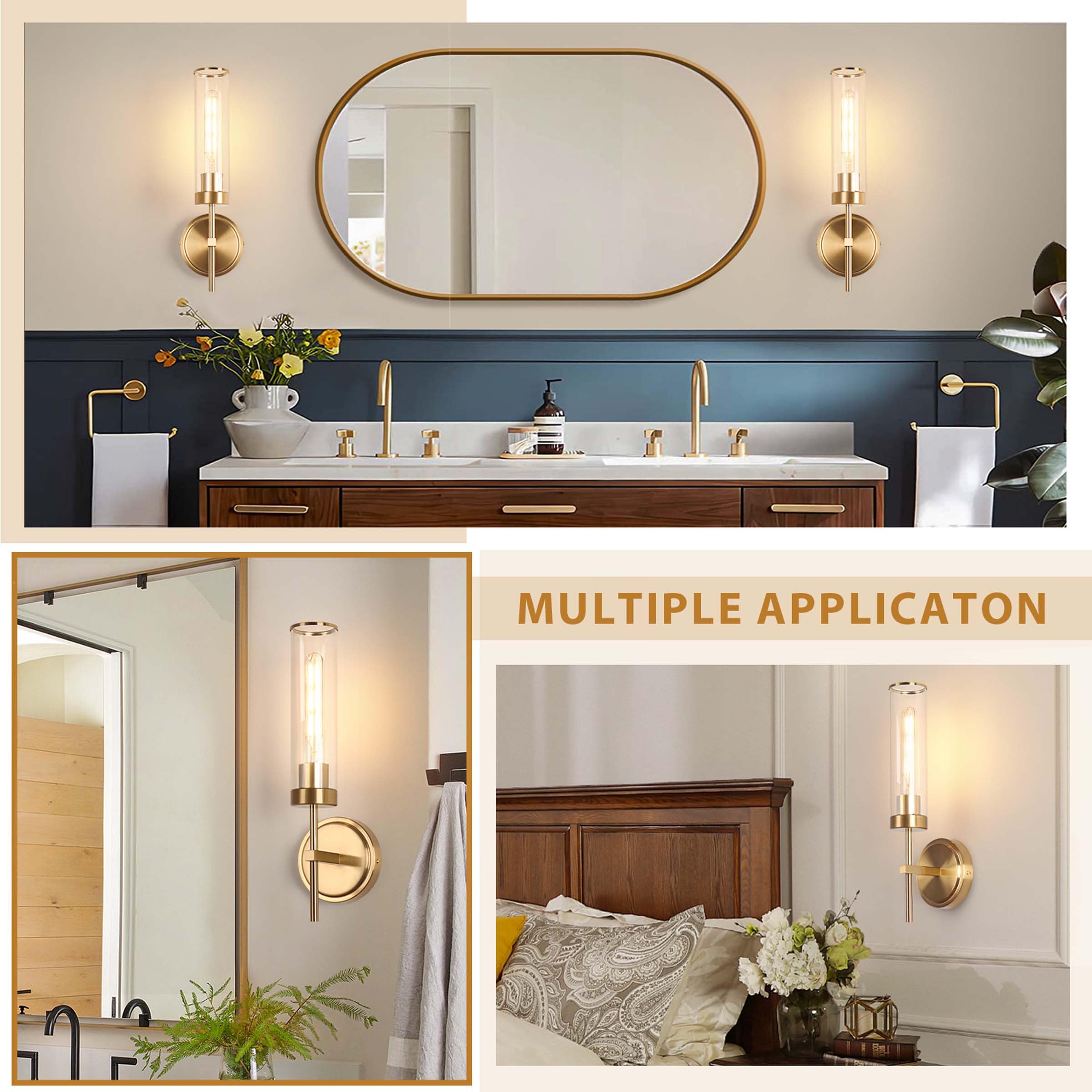 Juego de dos apliques de pared, modernos apliques de baño, iluminación de pared de 16 pulgadas, 60 W, apliques de pared dorados cepillados con pantalla de vidrio transparente para sala de 3