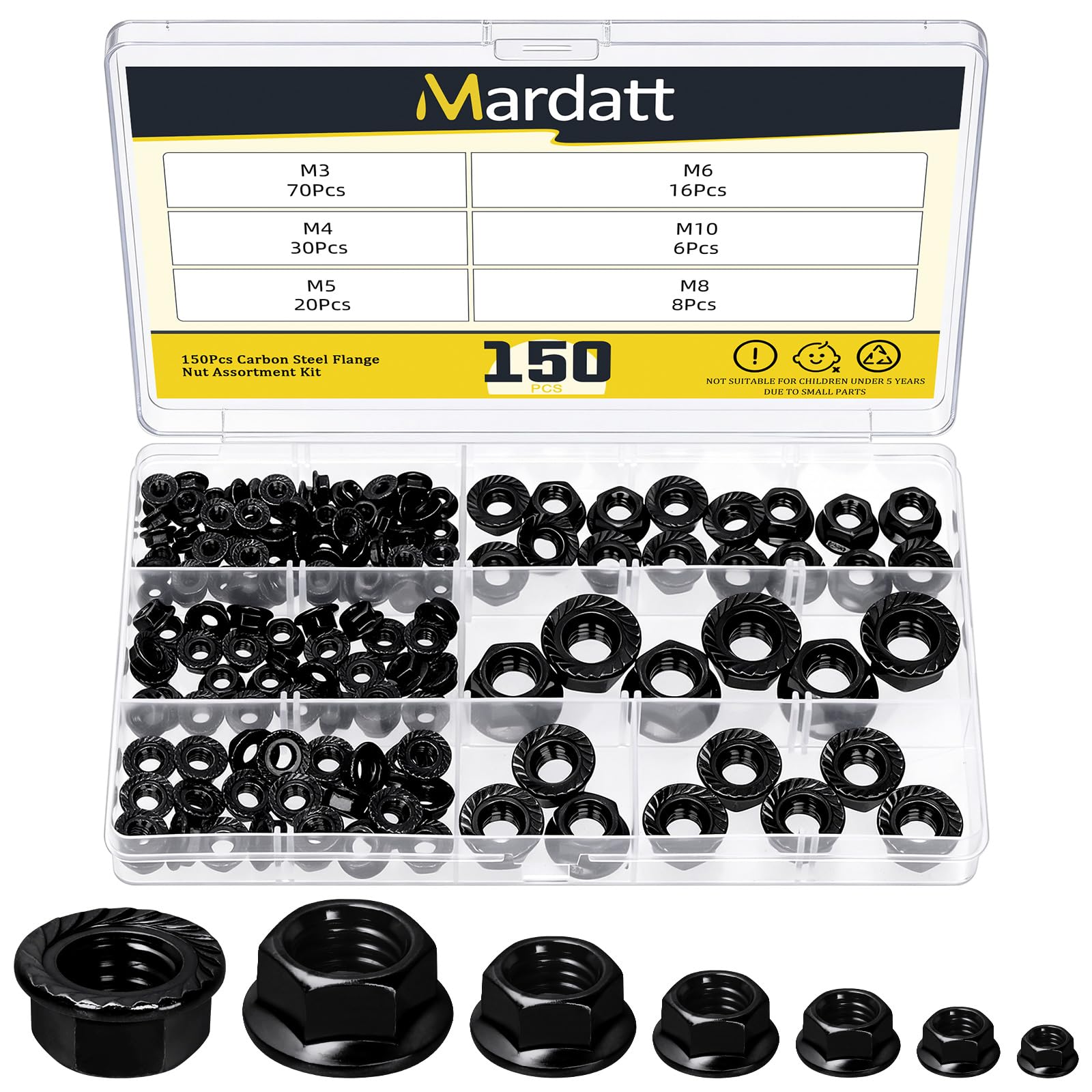 Mardatt 150Pcs M3 M4 M5 M6 M8 M10 Serrated Flange Nuts, Carbon Steel Black Zinc Plated Metric Flange Hex Lock Nuts for DIY Home Mechanism