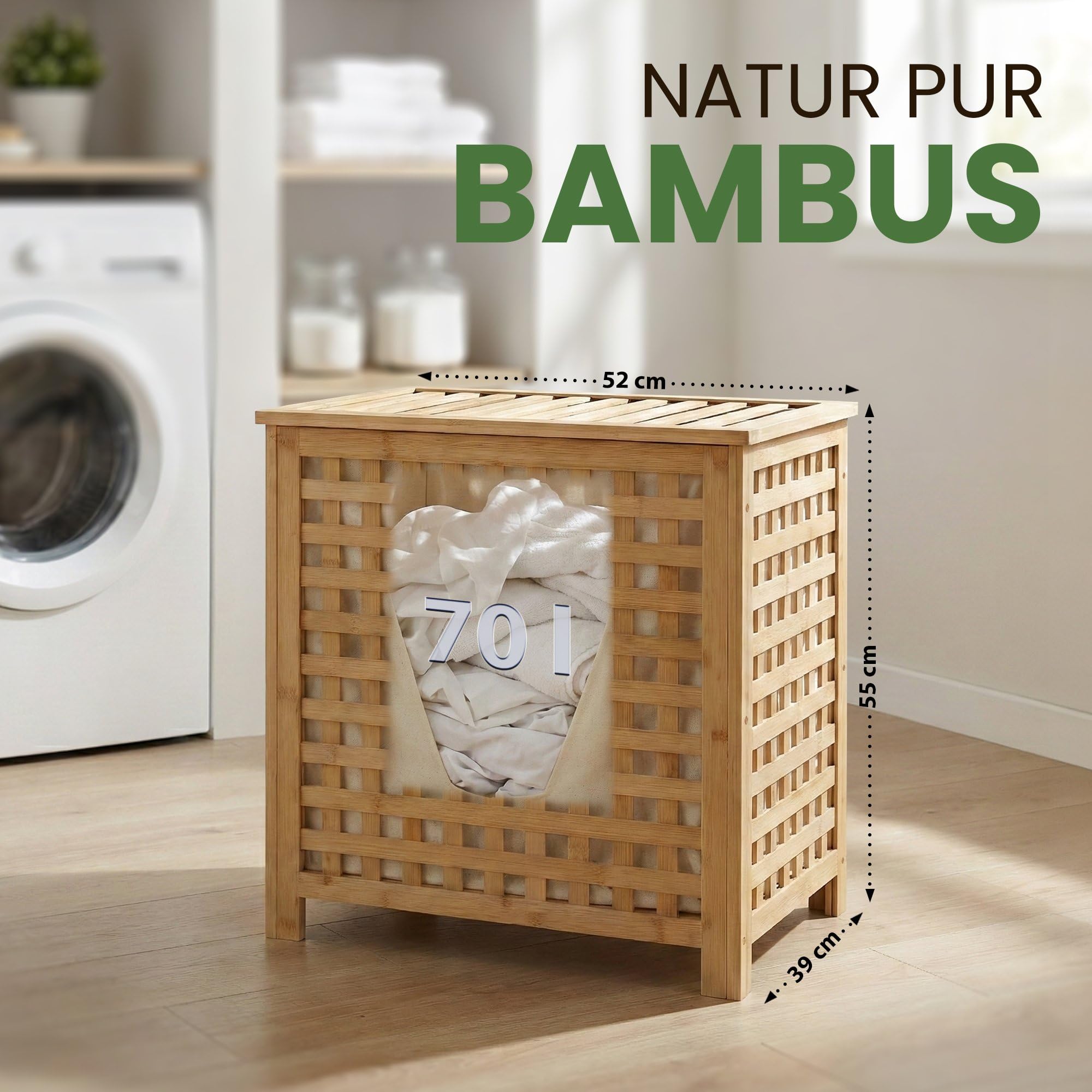 CLP Wäschebox für Schmutzwäsche Ronthy, Wäschesammler Holz Wäschesack 70L waschbar herausnehmbar, Bambusrahmen für Badezimmer, Farbe:natur