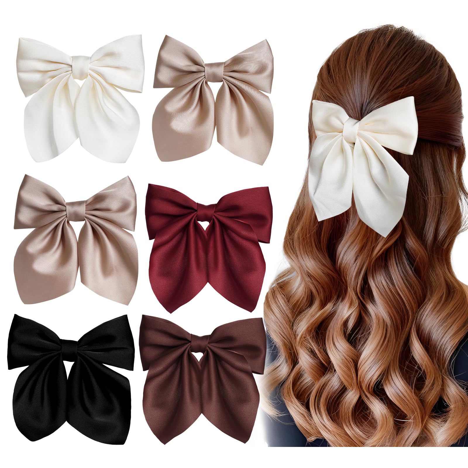 JTYKUYR 6 Pcs Hair Bows for Women,Brown Bow Hair Clips for Girls,Silky Satin Hair Bows Hair Ribbon Cute Hair Accessories Gifts