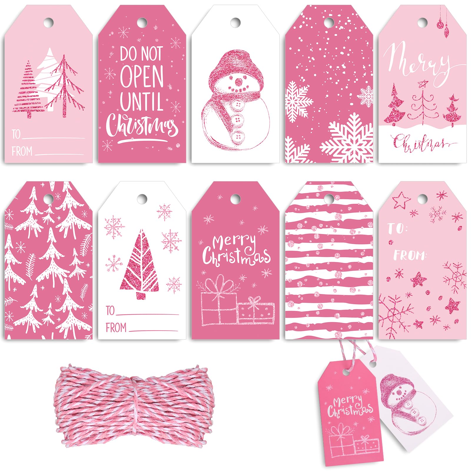 Whaline 120Pcs Winter Christmas Paper Tags Pink White Name Hanging Tag Labels with Hemp Rope for Birthday Baby Shower Party DIY Crafts Supplies