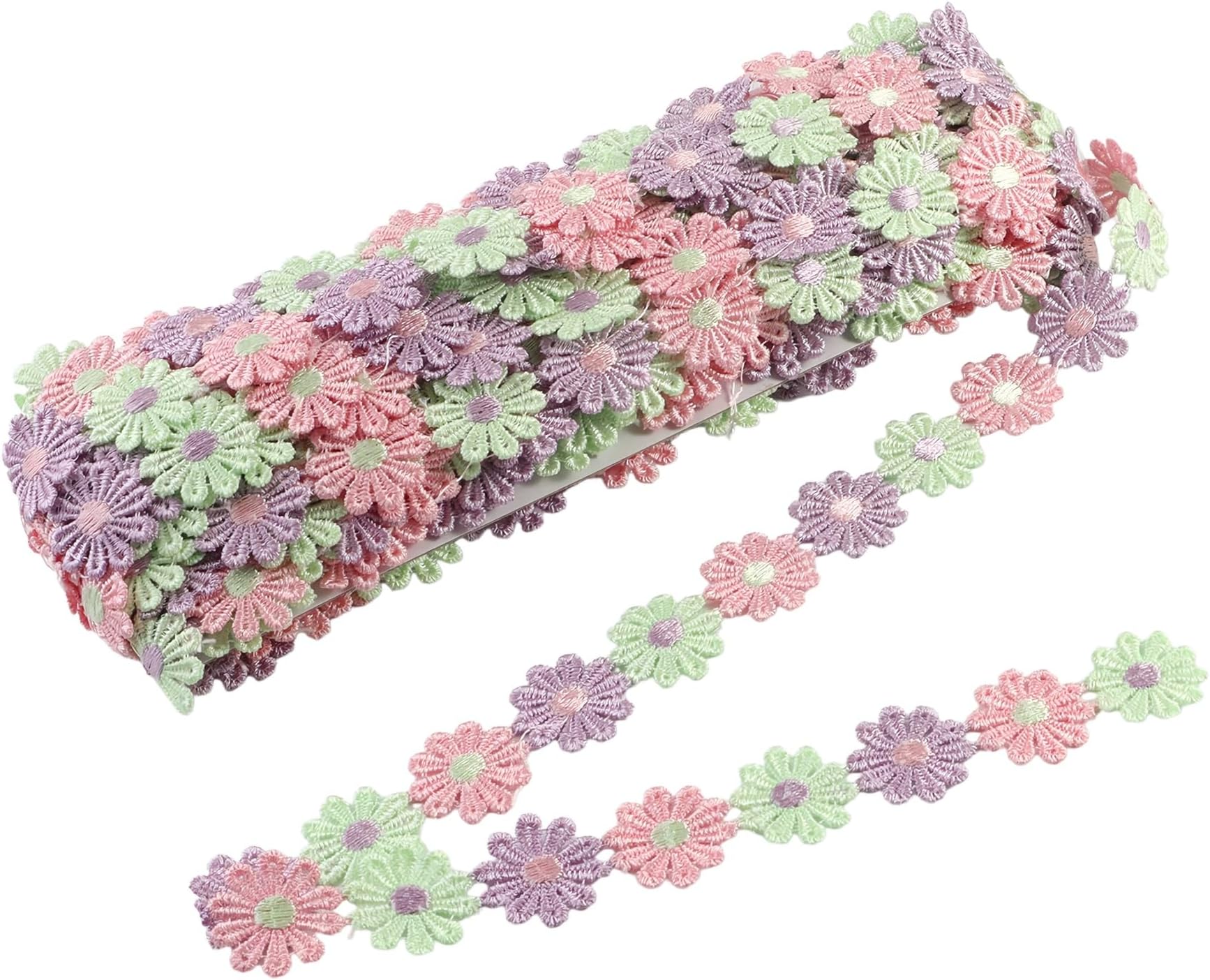 15 Yards Daisy Flower Lace Trim Embroidered Floral Lace Sewing Trim Ribbons for Embellishment Craft Dress Hair Accessories Decorations (Pink+Lavender+Light Green, 1" x 15 Yards)