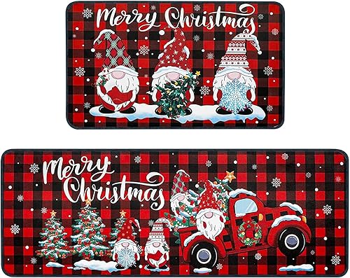 ABONDEVER Juego de 2 alfombras de cocina de Navidad, diseño a cuadros de búfalo, antifatiga, antideslizantes, lavables, para el suelo de la cocina
