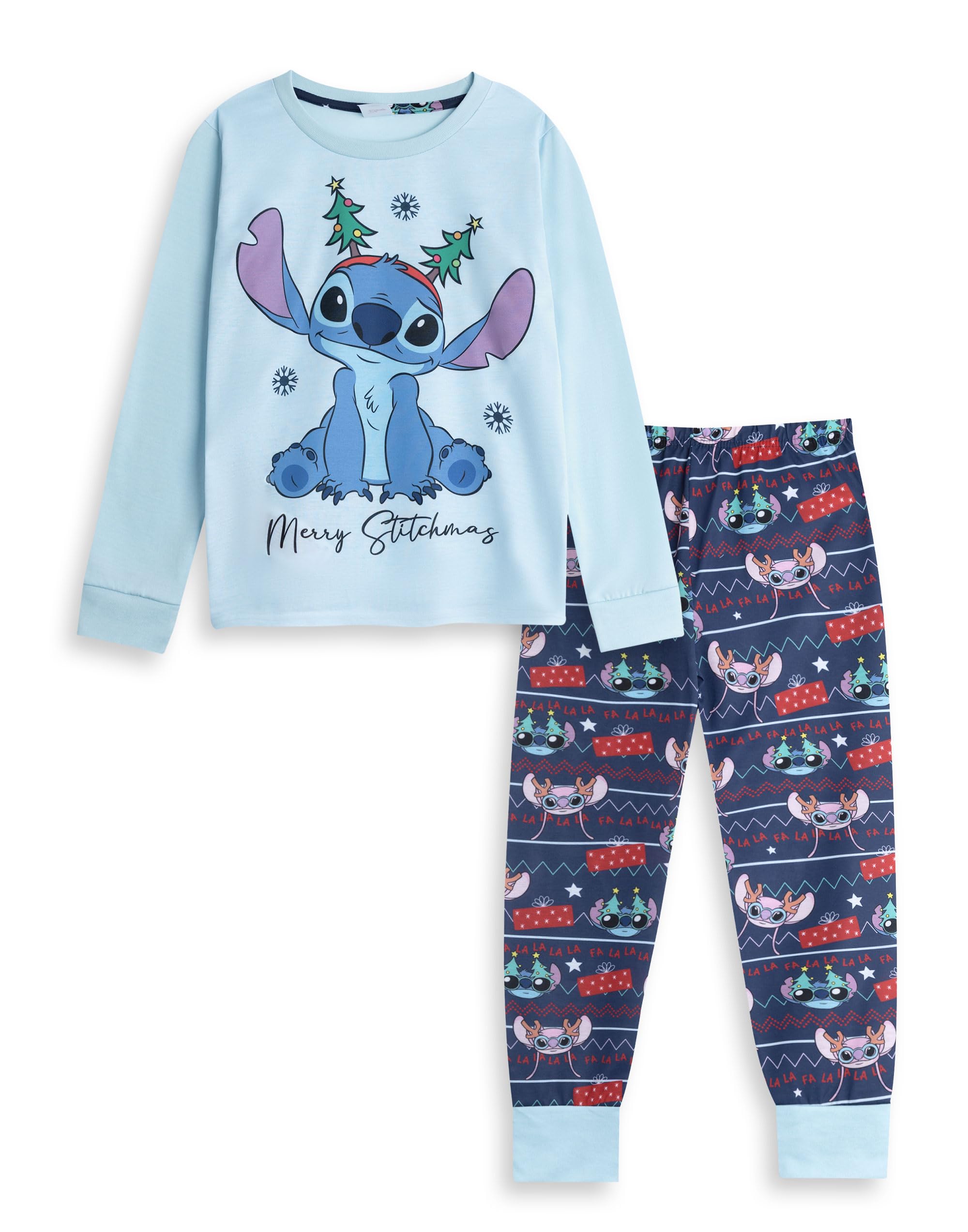 Disney Lilo & Stitch Merry Stitchmas Unisex Kids Long Sleeve Long Leg Pyjama Set | Light Blue, Dark Blue & Red Christmas Nightwear | Lilo & Stitch Merch - 13-14 Years