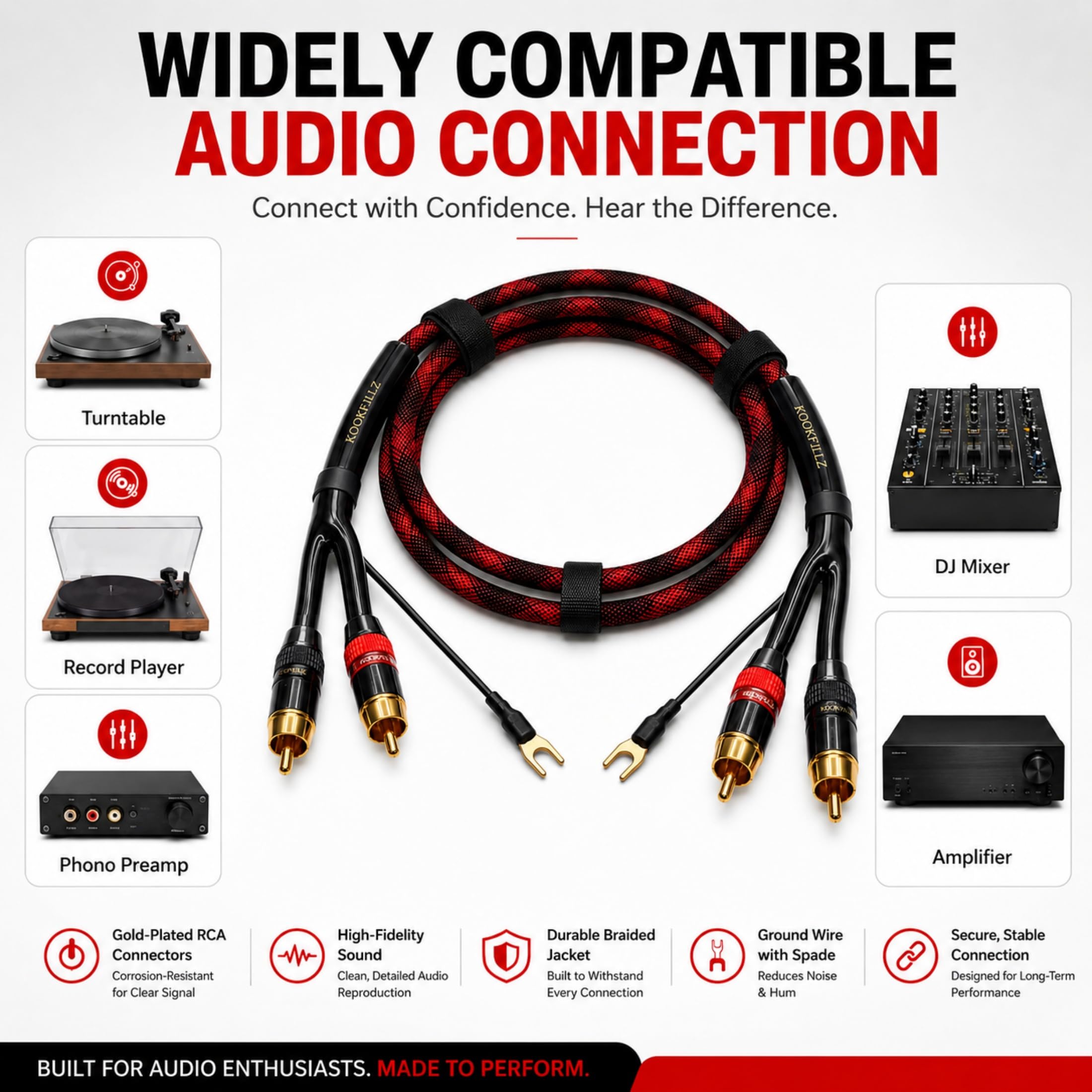 Câble RCA avec fil de terre pour platine, 1 m, câble audio stéréo tressé OFC 18 AWG, connecteurs plaqués or pour préampli, tourne-disque, mixeur DJ, amplificateur, 1 lot