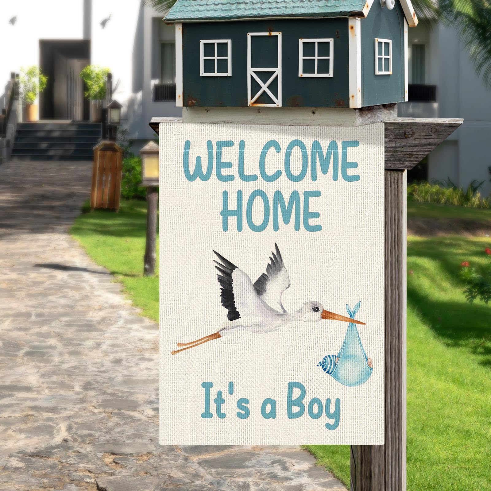 Bandiera Da Giardino DLZDN 'Benvenuto A Casa' – Iuta A Doppia Faccia Con Cicogna, 30x45 Cm – Decorazione Esterna Per Baby Shower