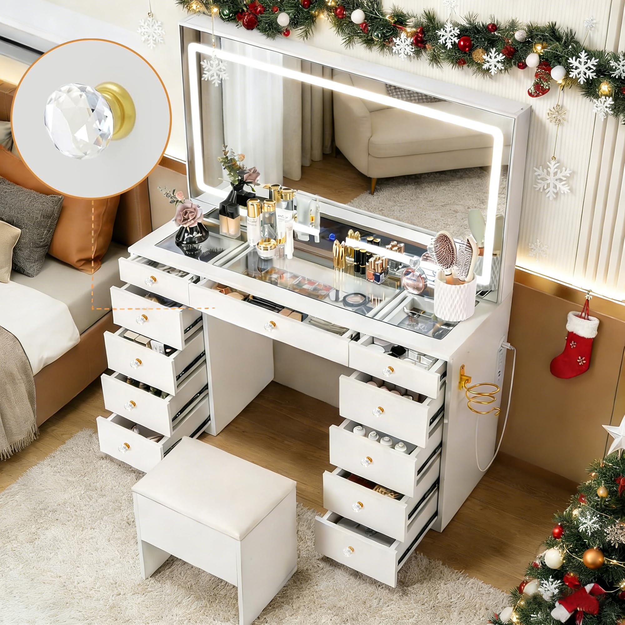Fkhouse 11-Drawer Glass Top Vanity Desk with Chair and Lights: A Detailed Look at a Feature-Packed Dressing Table