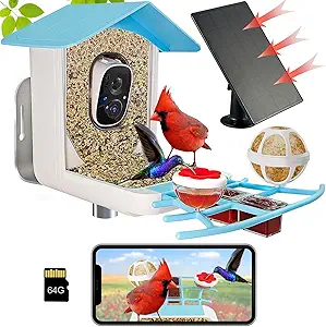 64GB Smart Bird Feeder with Camera Solar Powered, 2K 3MP HD Live Video &Playback on Phone, AI Identify 10K+ Aves, 2.4G WiFi Birdhouse Camera Wireless Outdoor House-Bird Watching