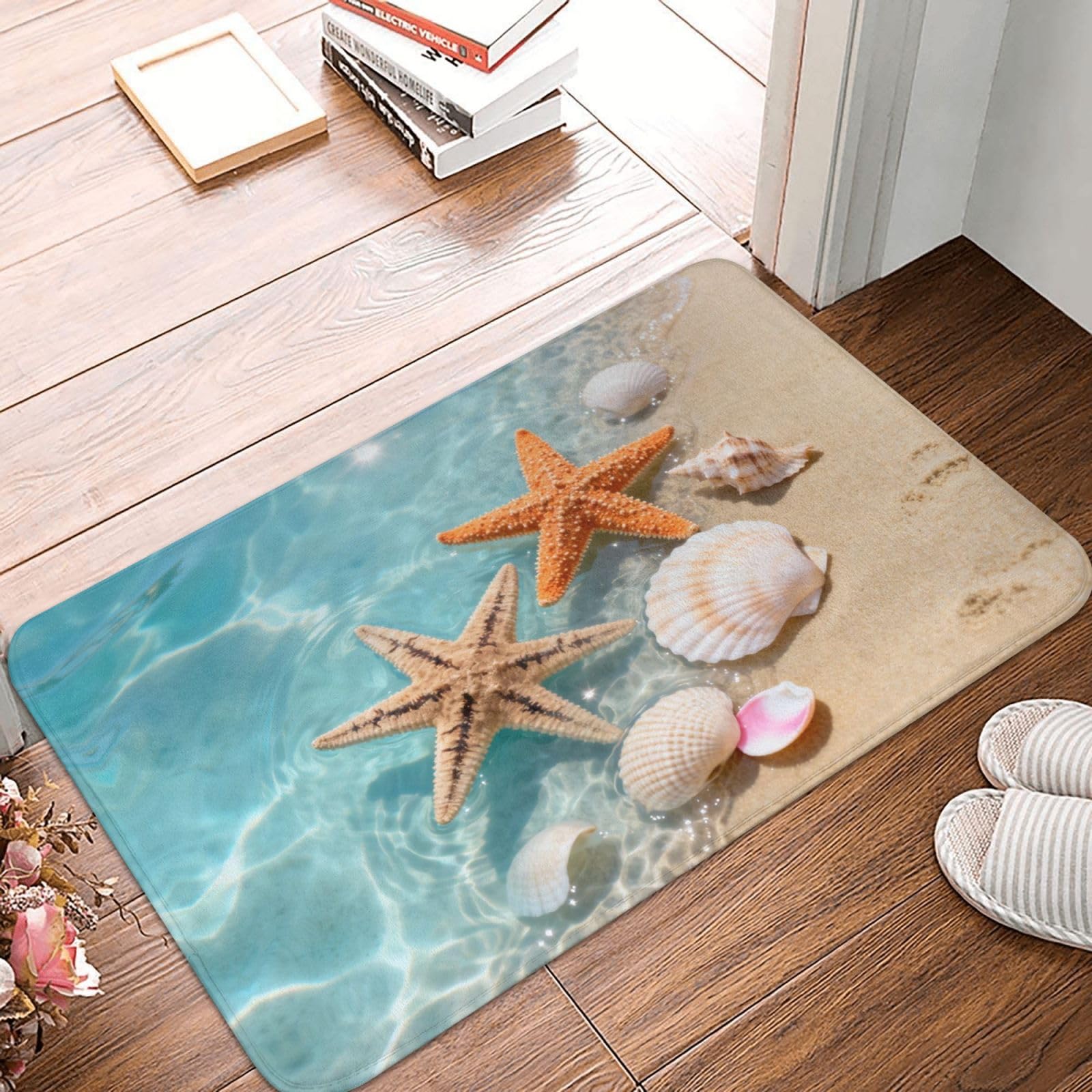 Nautical Coastal Bath Mats for Bathroom, Soft Absorbent Starfish Seashell Coral Beach Bath Rug Non-Slip Floor Rug Carpets for Kitchen Laundry Bedroom Living Room Decoration