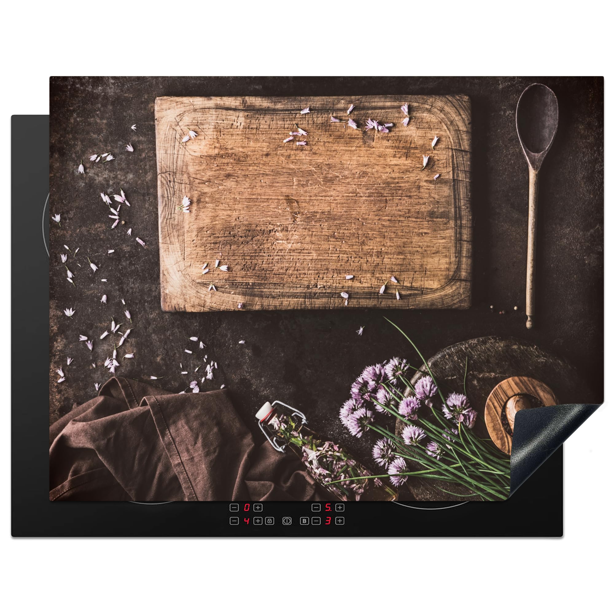 KitchenYeah© Induction Hob Protector Mat 23.2"x30.3" / 77x59 cm Cooker Top Protectors Cover Ceramic Covers Electric Hobs Vinyl Cutting Board - Spices - Spoon - Kitchen - Rustic