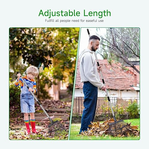 Miniatura 3 de Rastrillo para hojas resistente de 72 pulgadas de largo expandible, rastrillos de jardín de 18 pulgadas de ancho con 25 dientes reforzados y mango