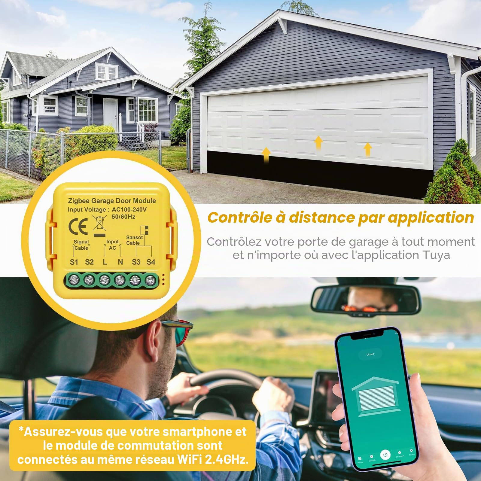 Ouvre-porte de garage intelligent Zigbee, SOARFLY ouvre portail connecté avec application Tuya & Smart Life, module pour ouverture de portail, compatible avec Alexa & Google Assistant, hub non inclus