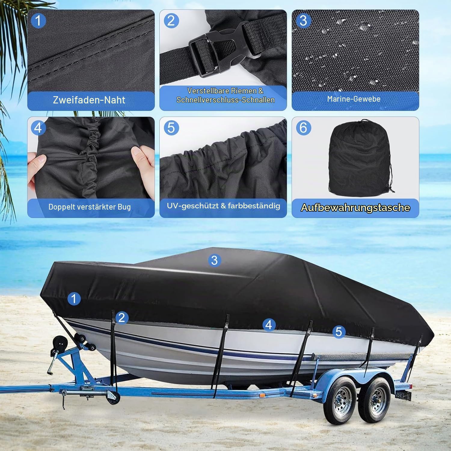 Bootsplane Wasserdicht 420D Oxford-Stoff Allwetter-Abdeckung für 14-16ft V-Rumpf Boote, mit Verstärkten, Gurten gegen Wind， UV- und Reifenschutz Abdeckplanen für Boote (4.3-4.9m)