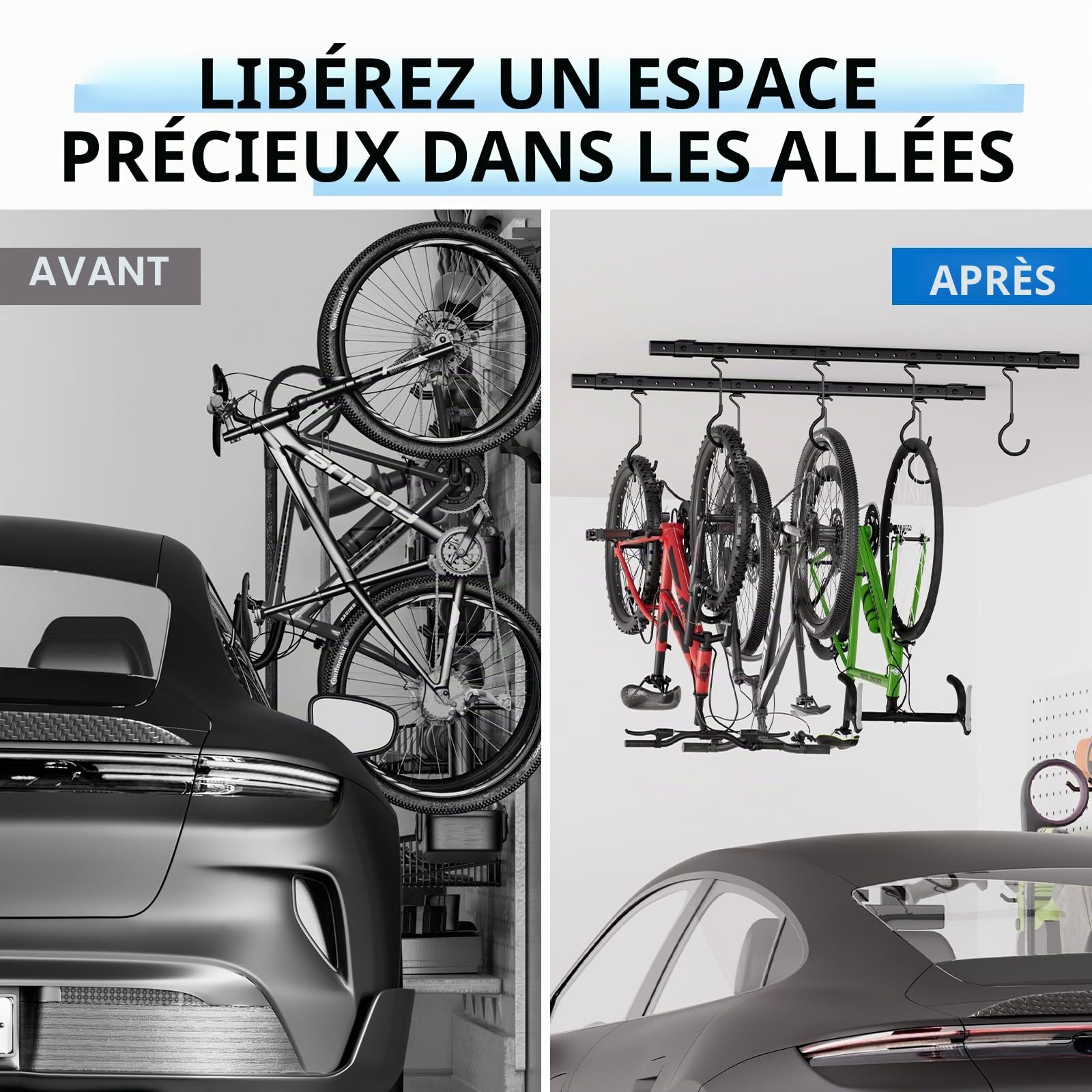 Urban Deco Support de vélo monté au plafond pour garage, système de cintres de vélo avec 8 crochets de plafond réglables, peut contenir 4 à 8 vélos, solutions de rangement de vélos de garage pour